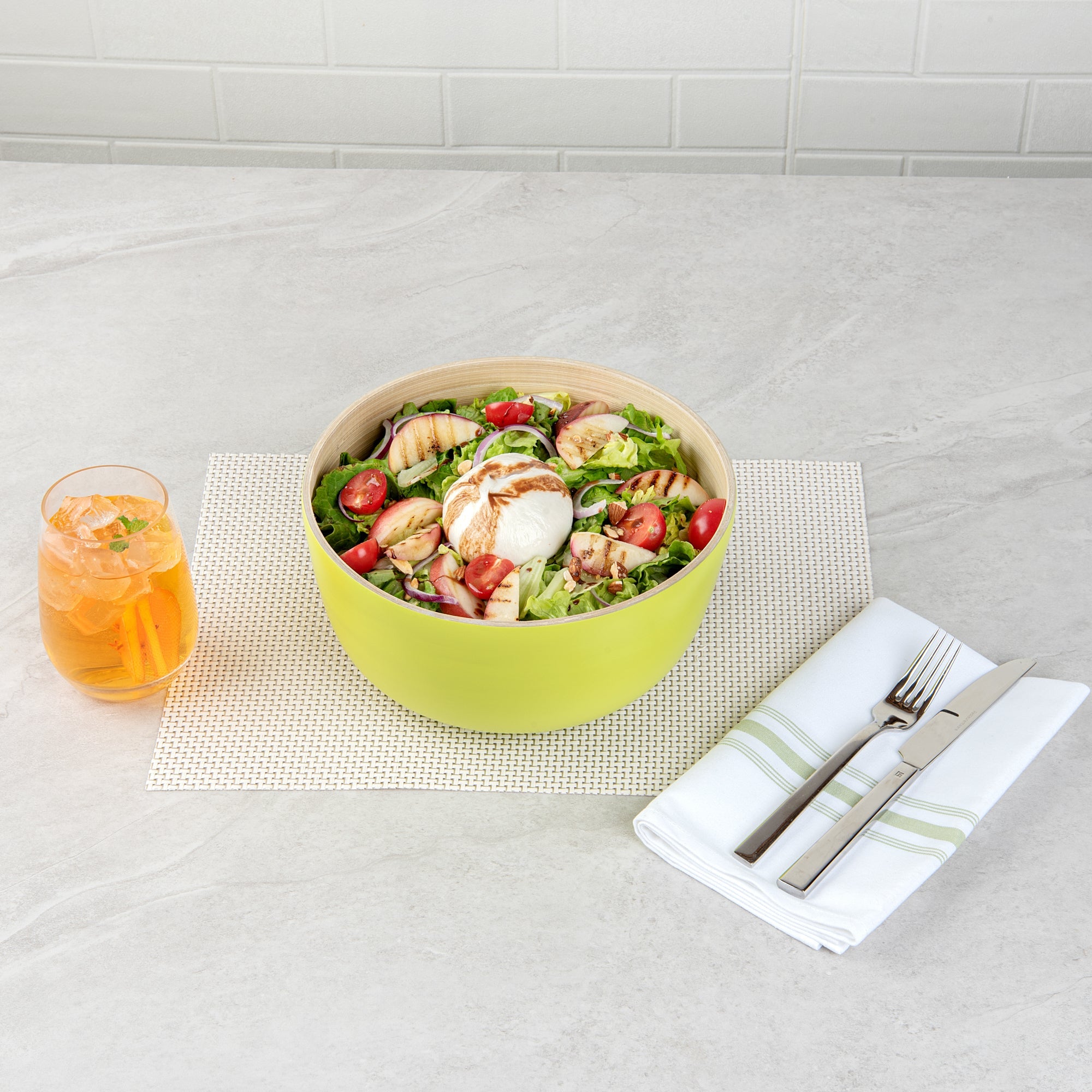 Bambuddha 25 oz Round Green Spun Bamboo Medium Salad Bowl - 9 1/2" x 9 1/2" x 4 3/4" - 1 count box
