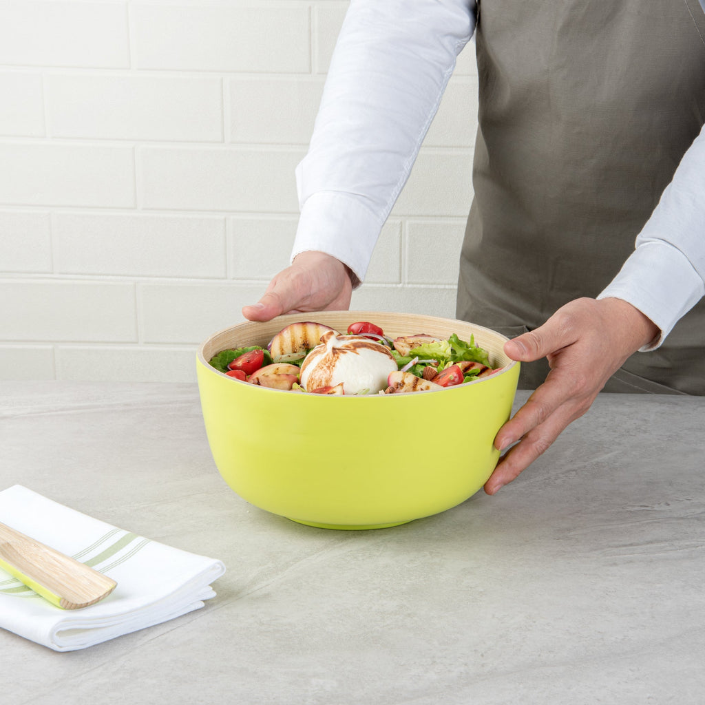 Bambuddha 25 oz Round Green Spun Bamboo Medium Salad Bowl - 9 1/2" x 9 1/2" x 4 3/4" - 1 count box