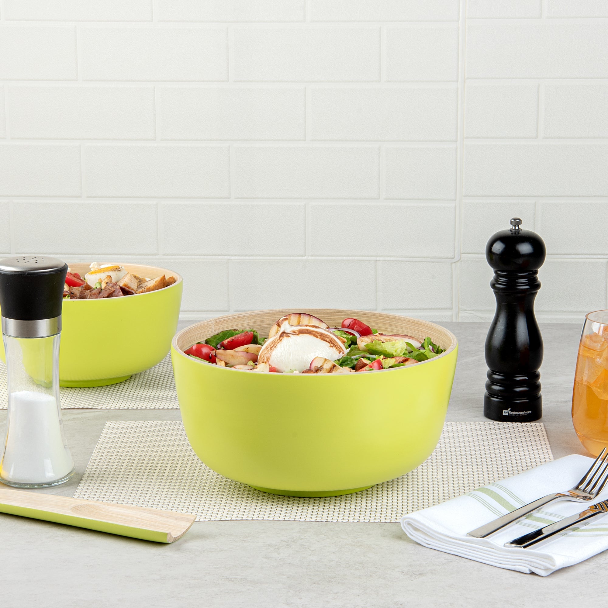 Bambuddha 25 oz Round Green Spun Bamboo Medium Salad Bowl - 9 1/2" x 9 1/2" x 4 3/4" - 1 count box