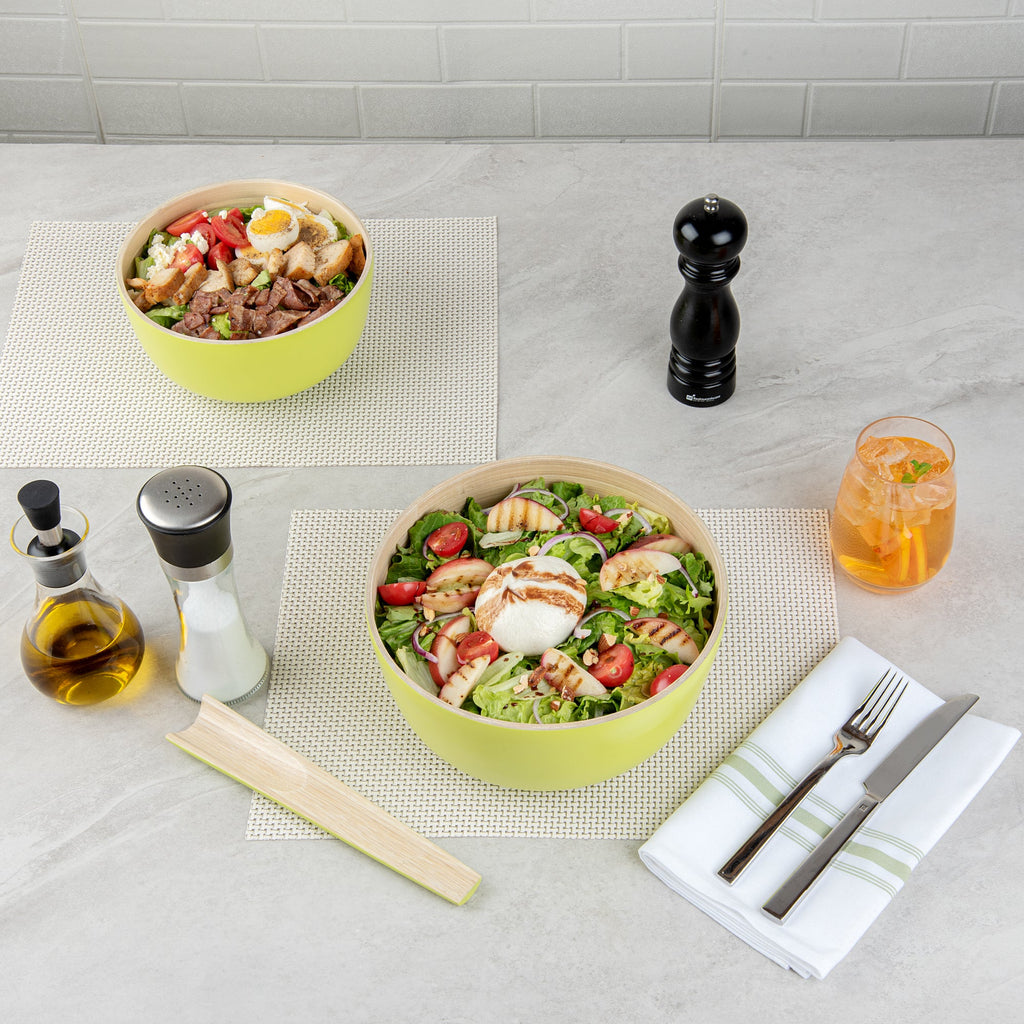 Bambuddha 25 oz Round Green Spun Bamboo Medium Salad Bowl - 9 1/2" x 9 1/2" x 4 3/4" - 1 count box