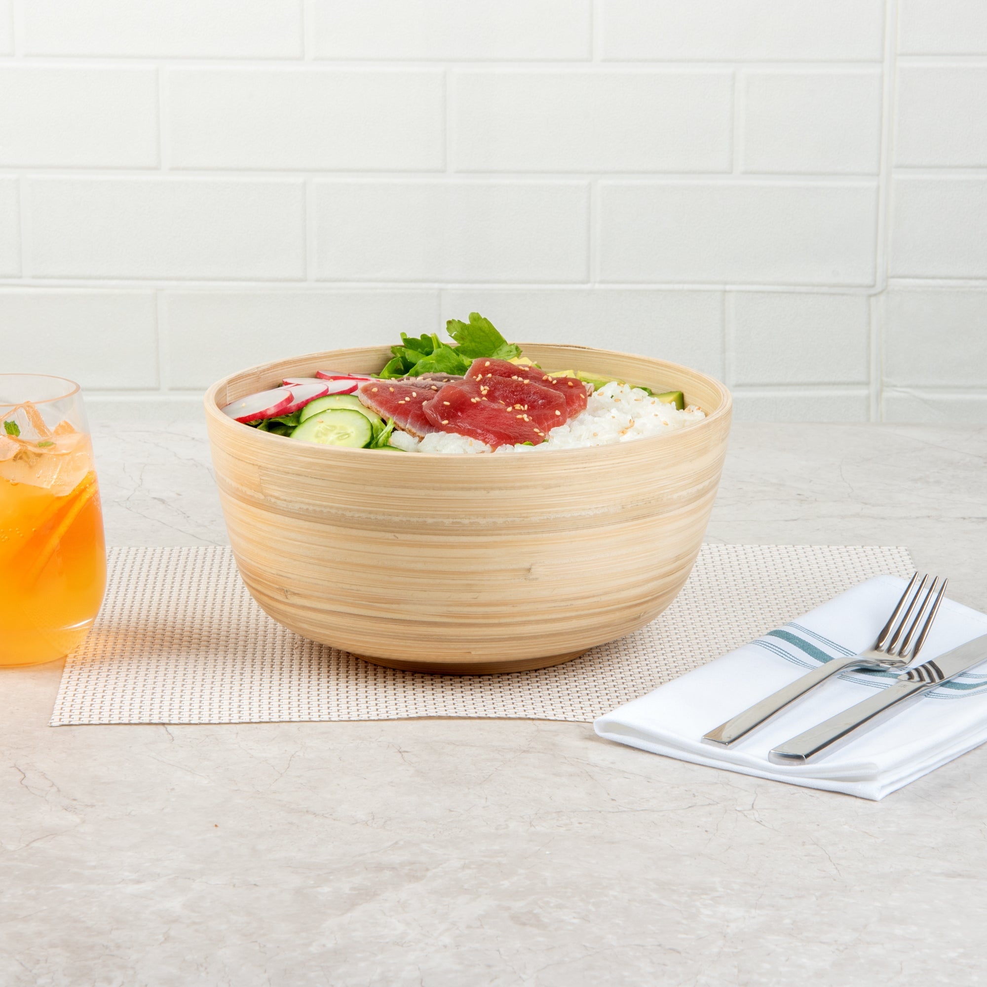 Bambuddha 25 oz Round Natural Spun Bamboo Medium Salad Bowl - 9 1/2" x 9 1/2" x 4 3/4" - 1 count box