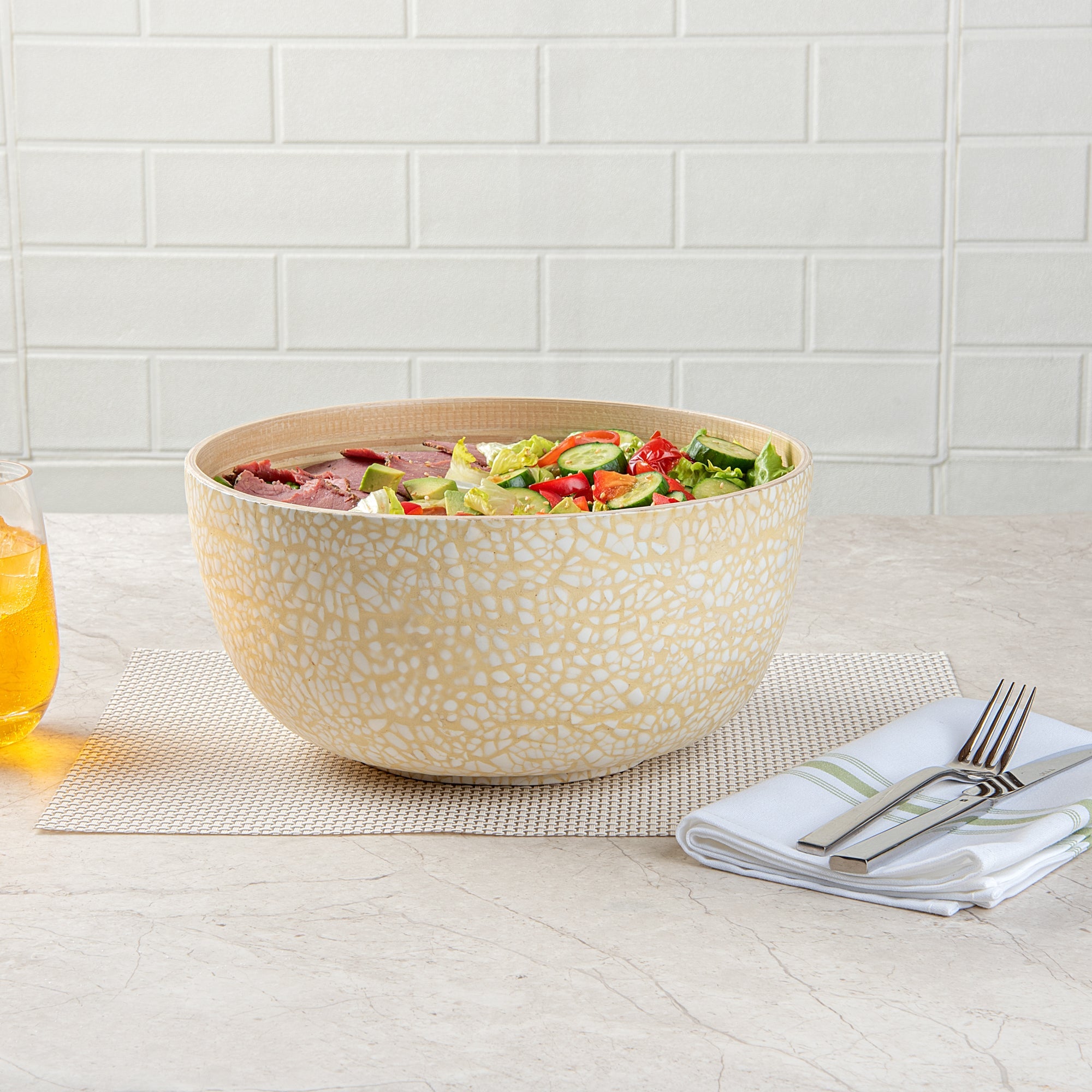 Bambuddha 30 oz Round Beige Spun Bamboo Large Eggshell Salad Bowl - 11" x 11" x 5 1/2" - 1 count box
