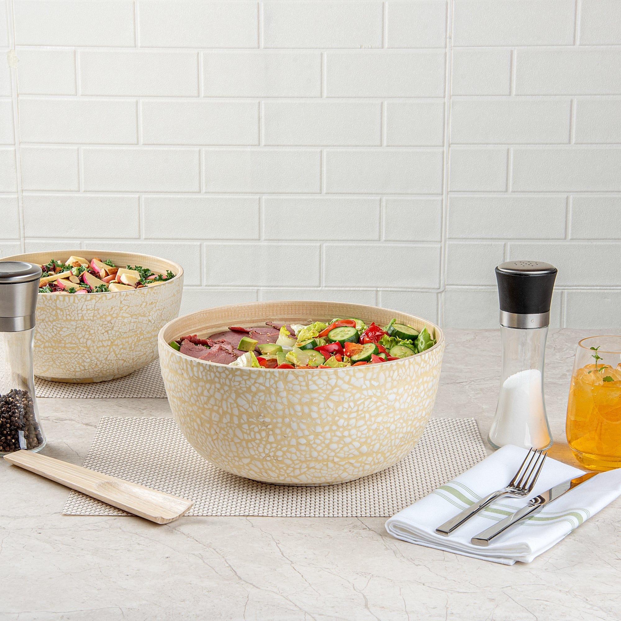 Bambuddha 30 oz Round Beige Spun Bamboo Large Eggshell Salad Bowl - 11" x 11" x 5 1/2" - 1 count box