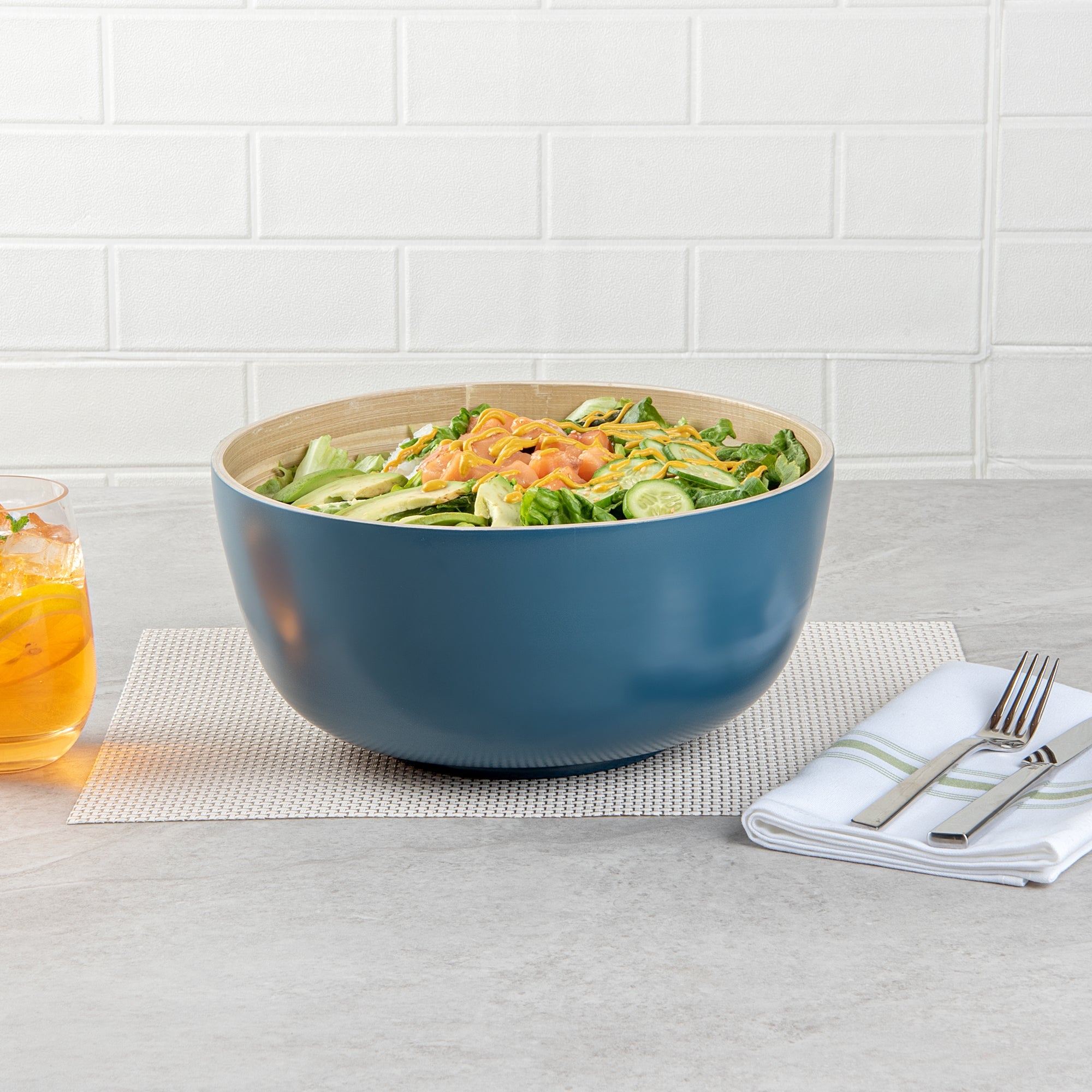 Bambuddha 30 oz Round Blue Spun Bamboo Large Salad Bowl - 11" x 11" x 5 1/2" - 1 count box
