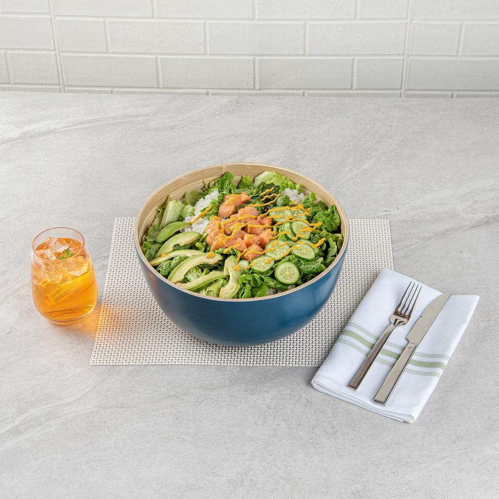 Bambuddha 30 oz Round Blue Spun Bamboo Large Salad Bowl - 11" x 11" x 5 1/2" - 1 count box