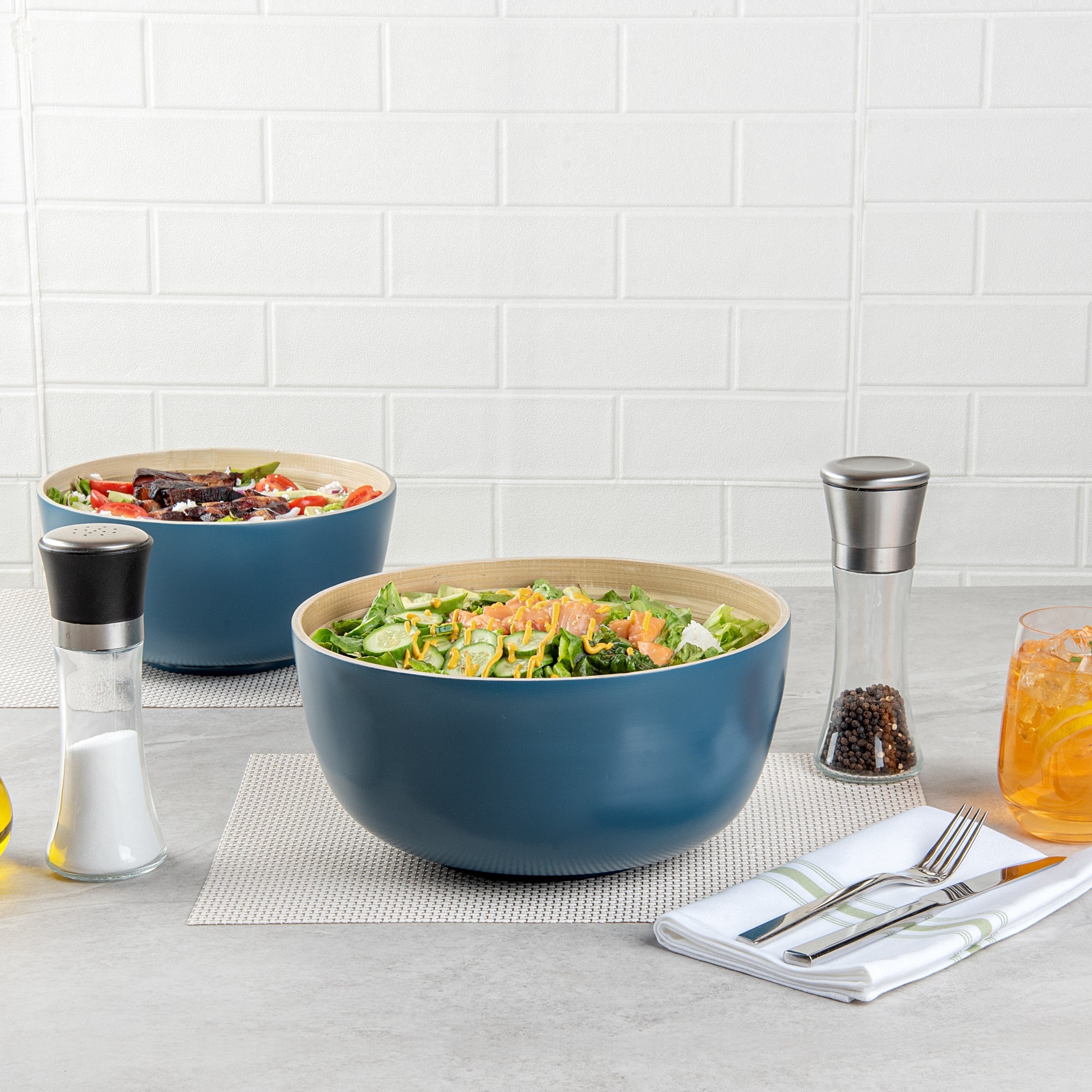 Bambuddha 30 oz Round Blue Spun Bamboo Large Salad Bowl - 11" x 11" x 5 1/2" - 1 count box