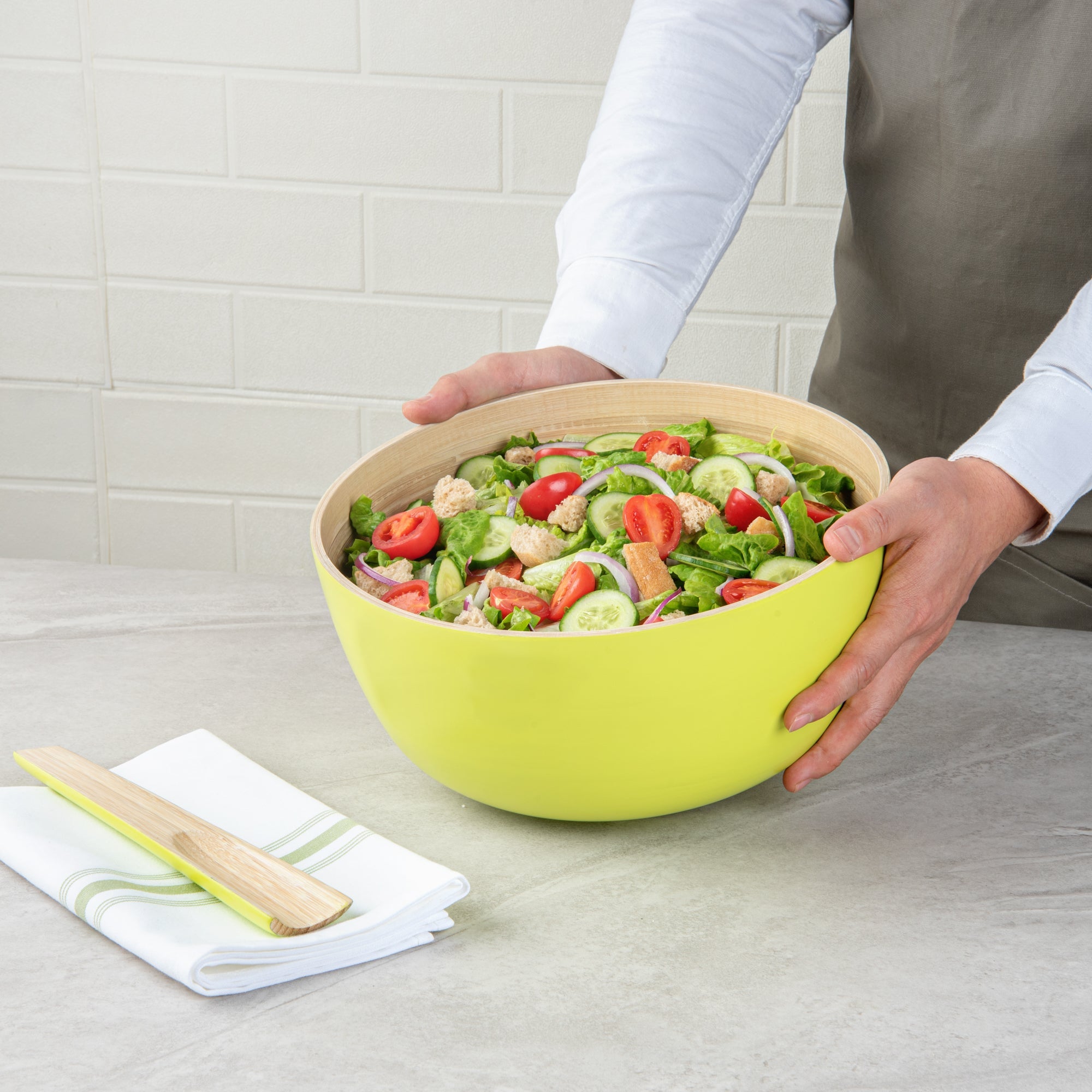 Bambuddha 30 oz Round Green Spun Bamboo Large Salad Bowl - 11" x 11" x 5 1/2" - 1 count box