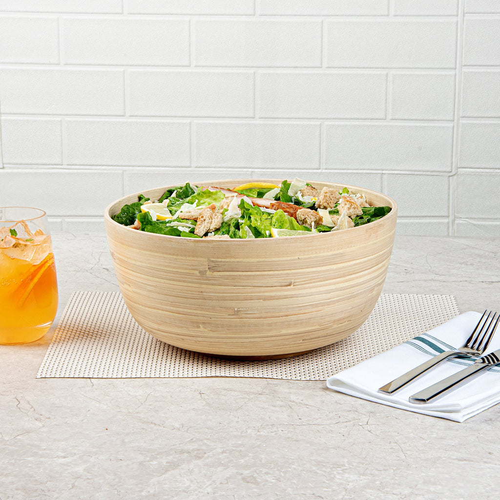 Bambuddha 30 oz Round Natural Spun Bamboo Large Salad Bowl - 11" x 11" x 5 1/2" - 1 count box