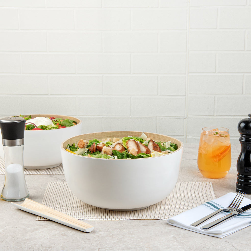 Bambuddha 30 oz Round White Spun Bamboo Large Salad Bowl - 11" x 11" x 5 1/2" - 1 count box