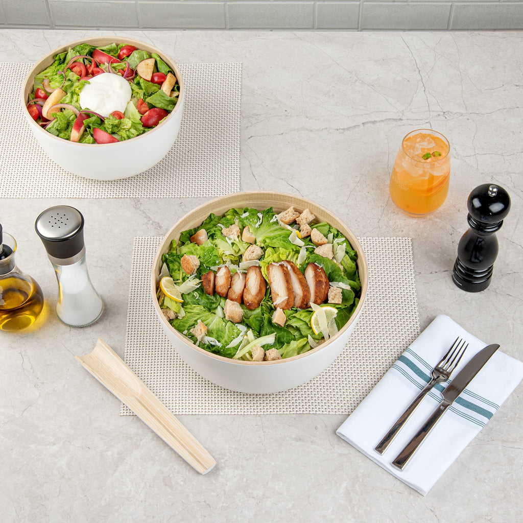 Bambuddha 30 oz Round White Spun Bamboo Large Salad Bowl - 11" x 11" x 5 1/2" - 1 count box