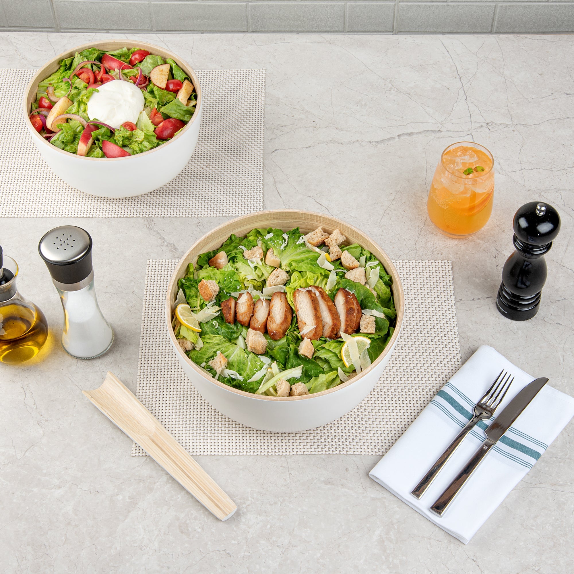 Bambuddha 30 oz Round White Spun Bamboo Large Salad Bowl - 11" x 11" x 5 1/2" - 1 count box
