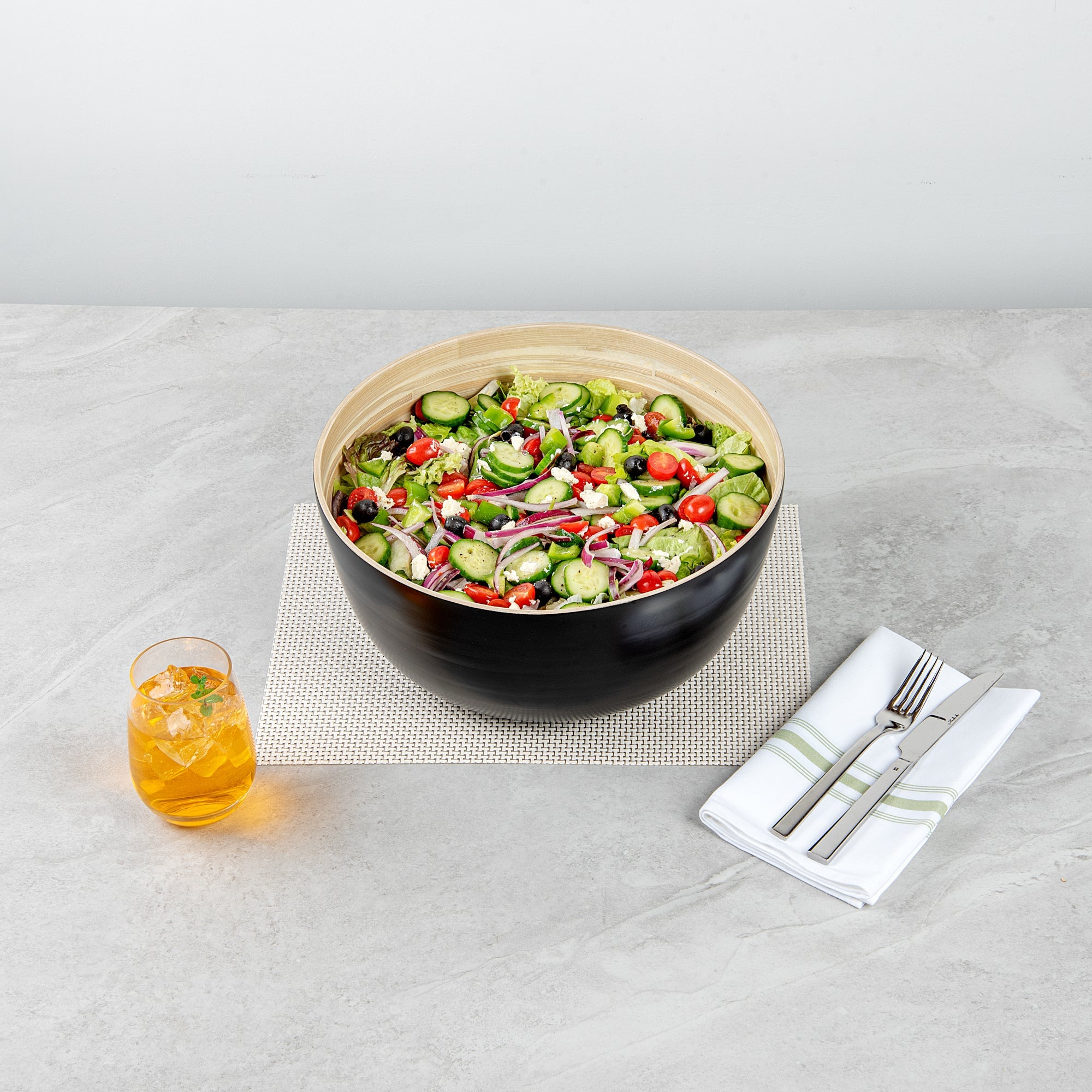 Bambuddha 51 oz Round Black Spun Bamboo Extra Large Salad Bowl - 13 1/2" x 13 1/2" x 6 1/4" - 1 count box