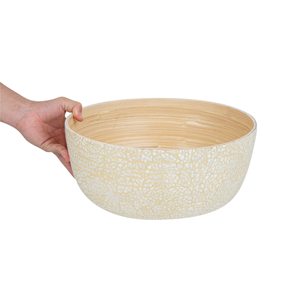 Bambuddha 51 oz Round Beige Spun Bamboo Extra Large Eggshell Salad Bowl - 13 1/2" x 13 1/2" x 6 1/4" - 1 count box