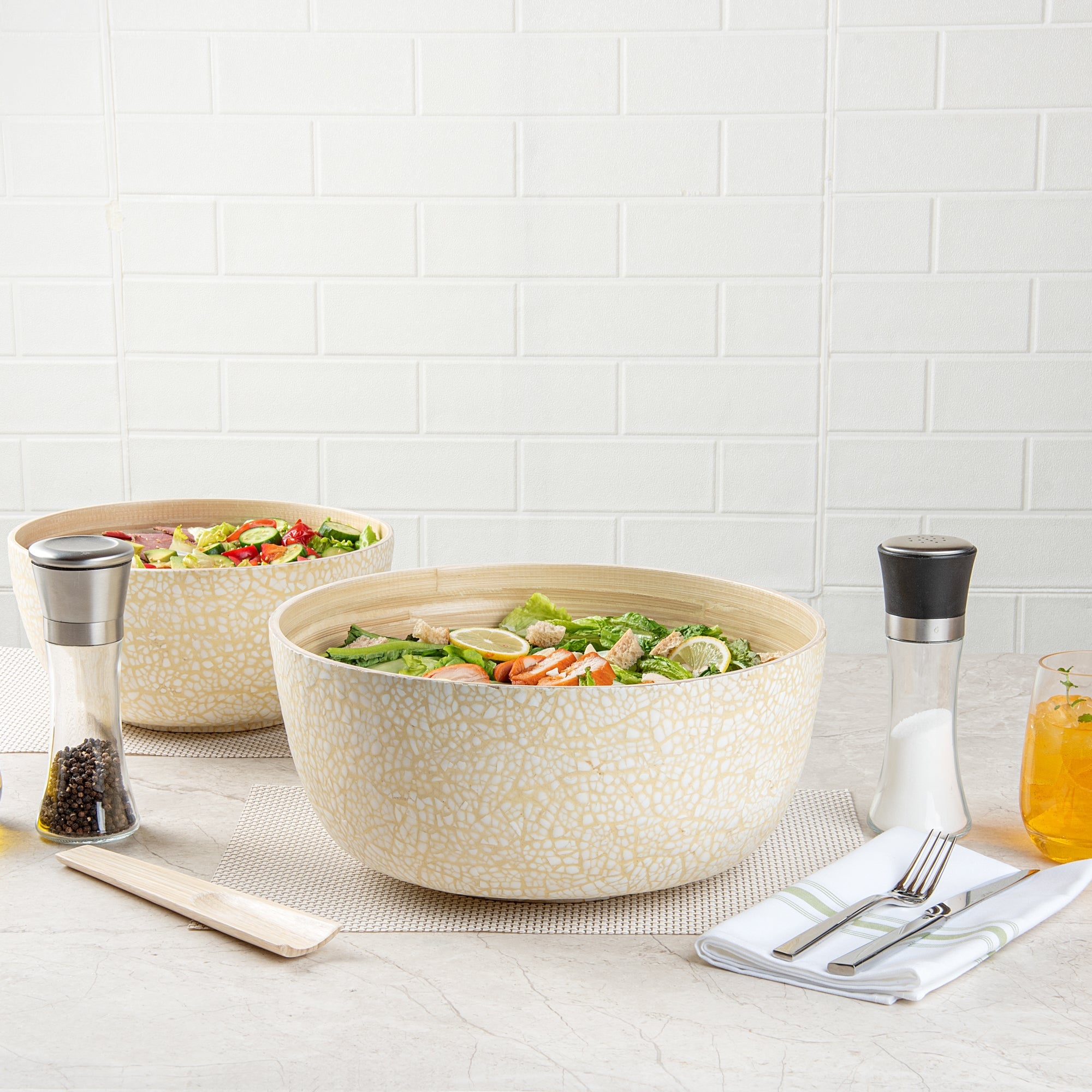 Bambuddha 51 oz Round Beige Spun Bamboo Extra Large Eggshell Salad Bowl - 13 1/2" x 13 1/2" x 6 1/4" - 1 count box