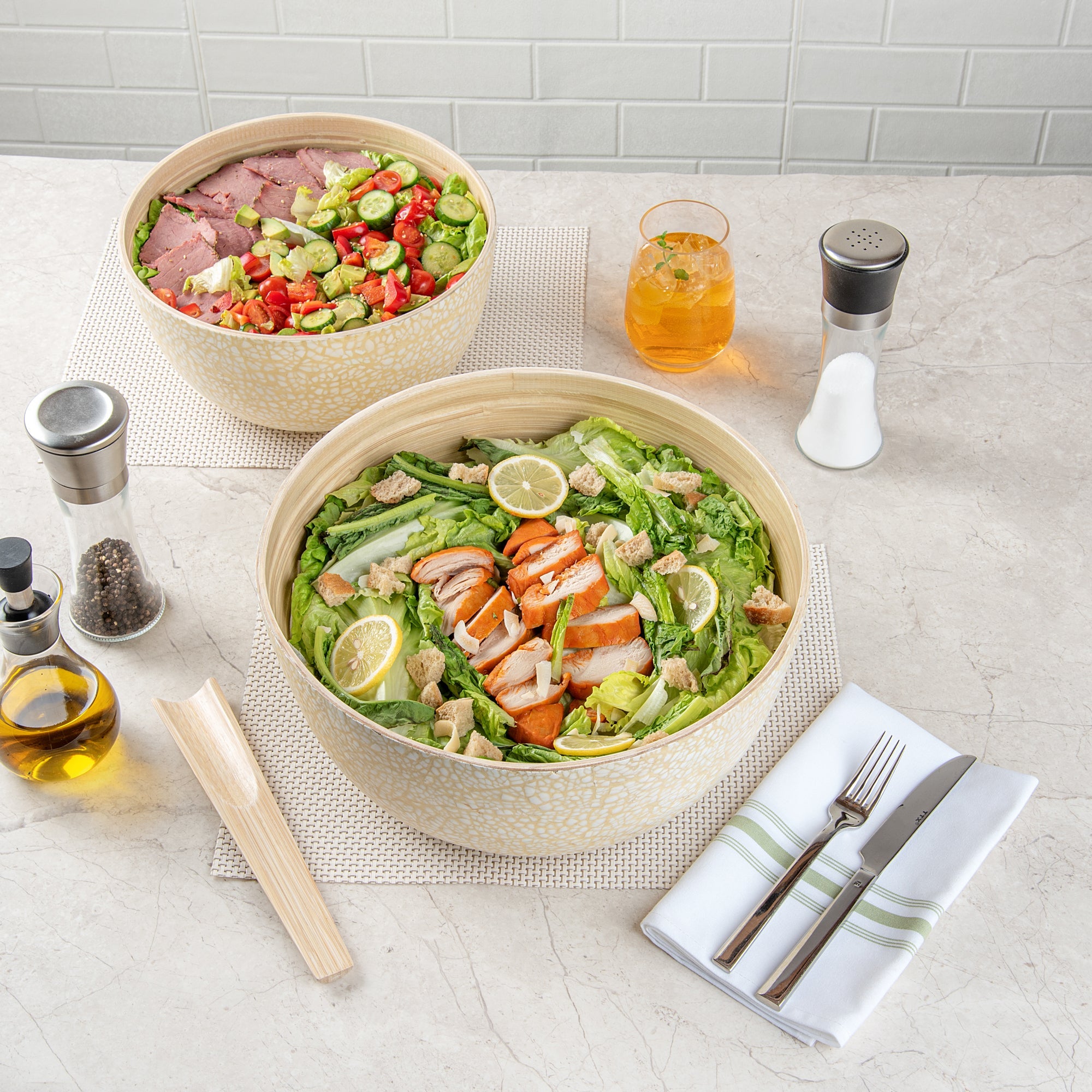 Bambuddha 51 oz Round Beige Spun Bamboo Extra Large Eggshell Salad Bowl - 13 1/2" x 13 1/2" x 6 1/4" - 1 count box