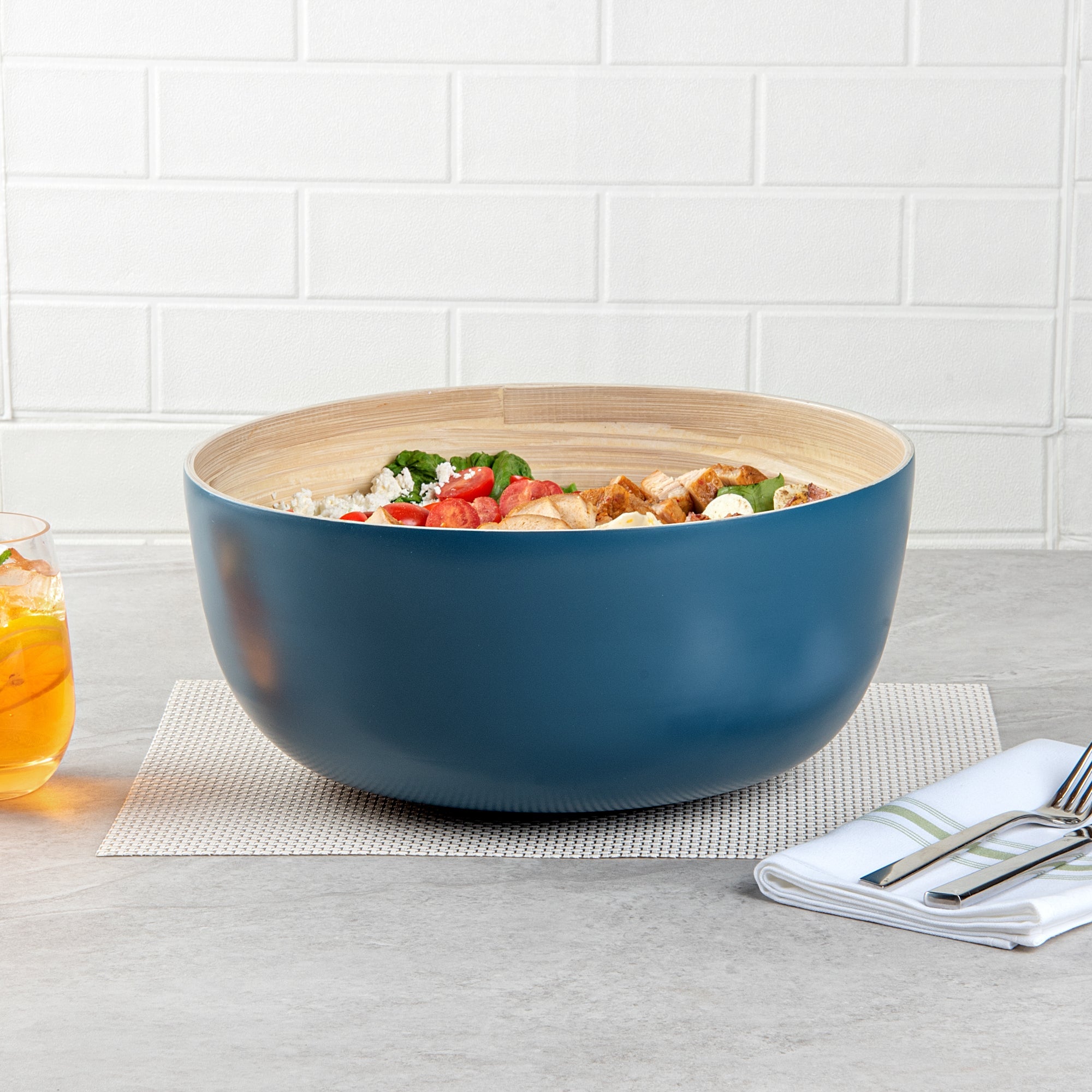 Bambuddha 51 oz Round Blue Spun Bamboo Extra Large Salad Bowl - 13 1/2" x 13 1/2" x 6 1/4" - 1 count box