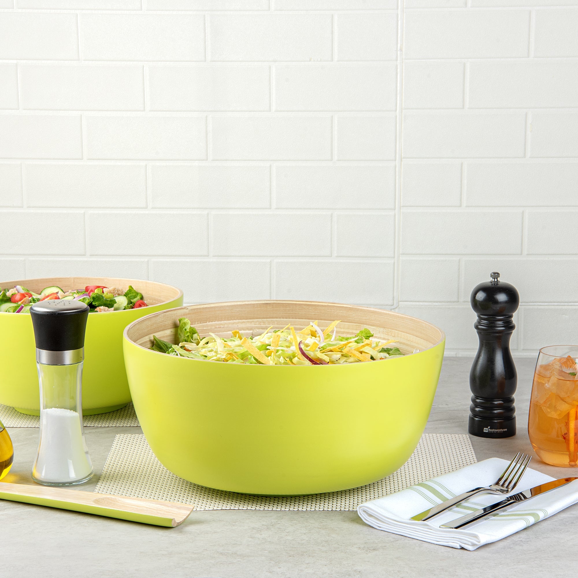 Bambuddha 51 oz Round Green Spun Bamboo Extra Large Salad Bowl - 13 1/2" x 13 1/2" x 6 1/4" - 1 count box