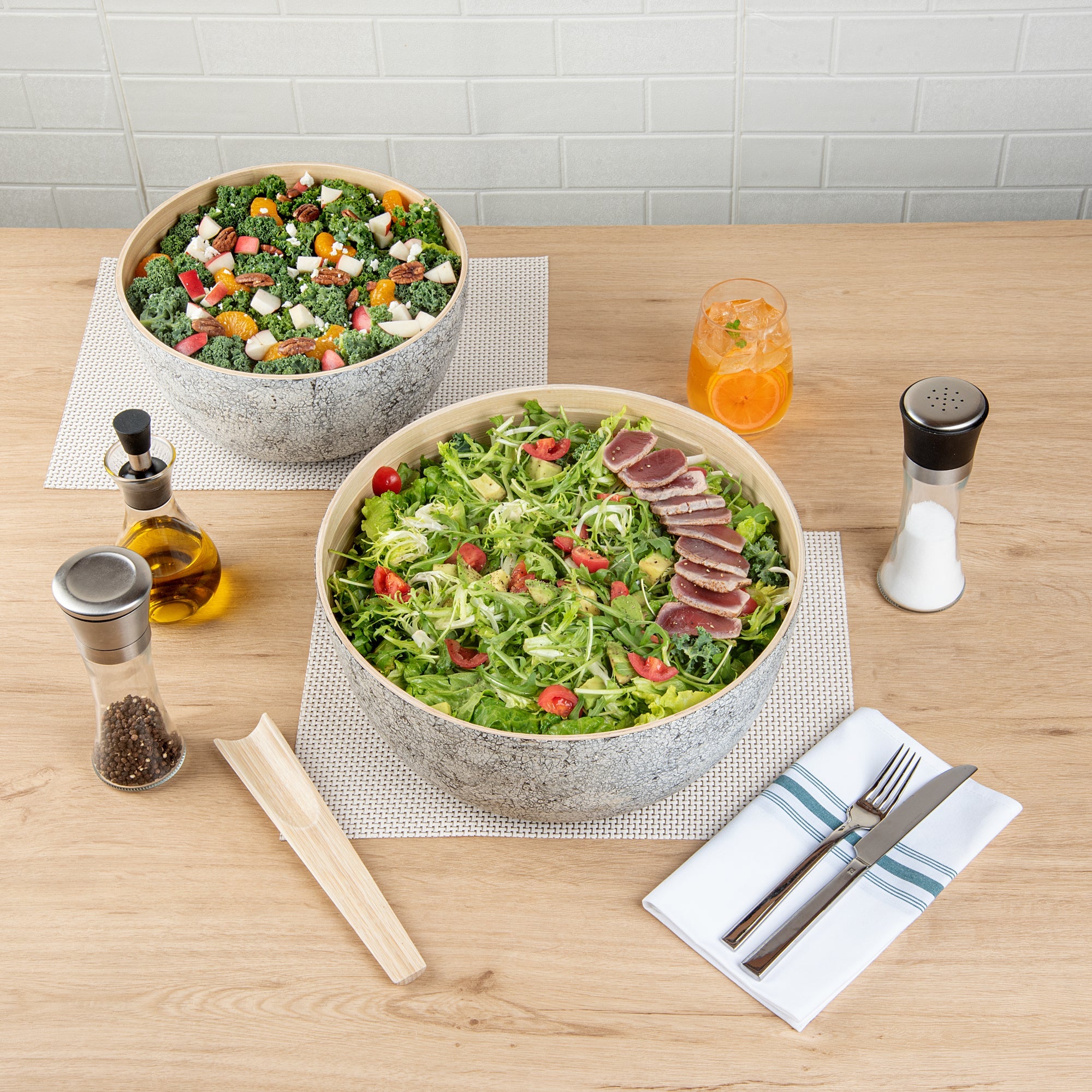 Bambuddha 51 oz Round Gray Spun Bamboo Extra Large Eggshell Salad Bowl - 13 1/2" x 13 1/2" x 6 1/4" - 1 count box