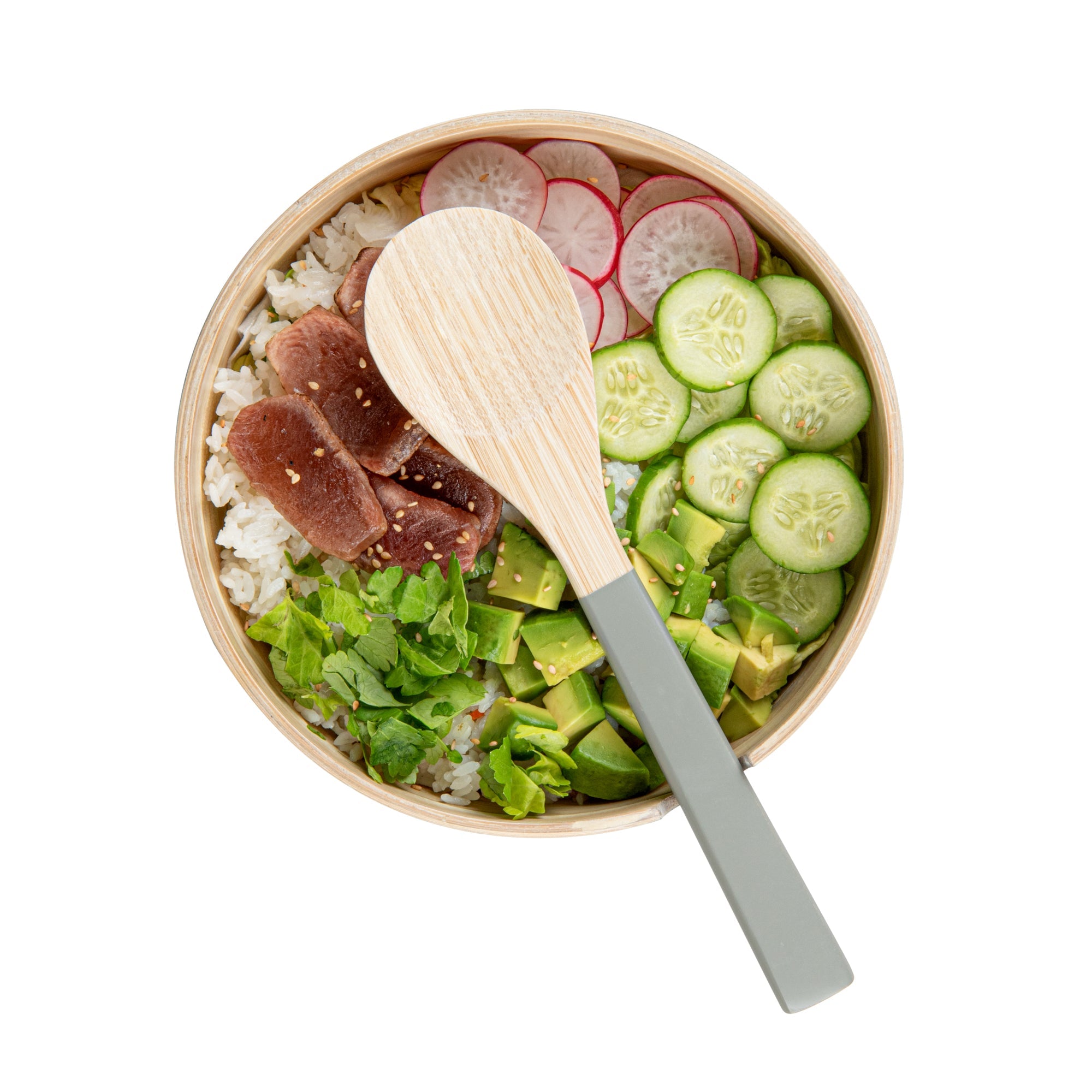 Bambuddha 25 oz Round Gray Spun Bamboo Serving Bowl - with Serving Spoon - 7 3/4" x 7 3/4" x 4" - 1 count box