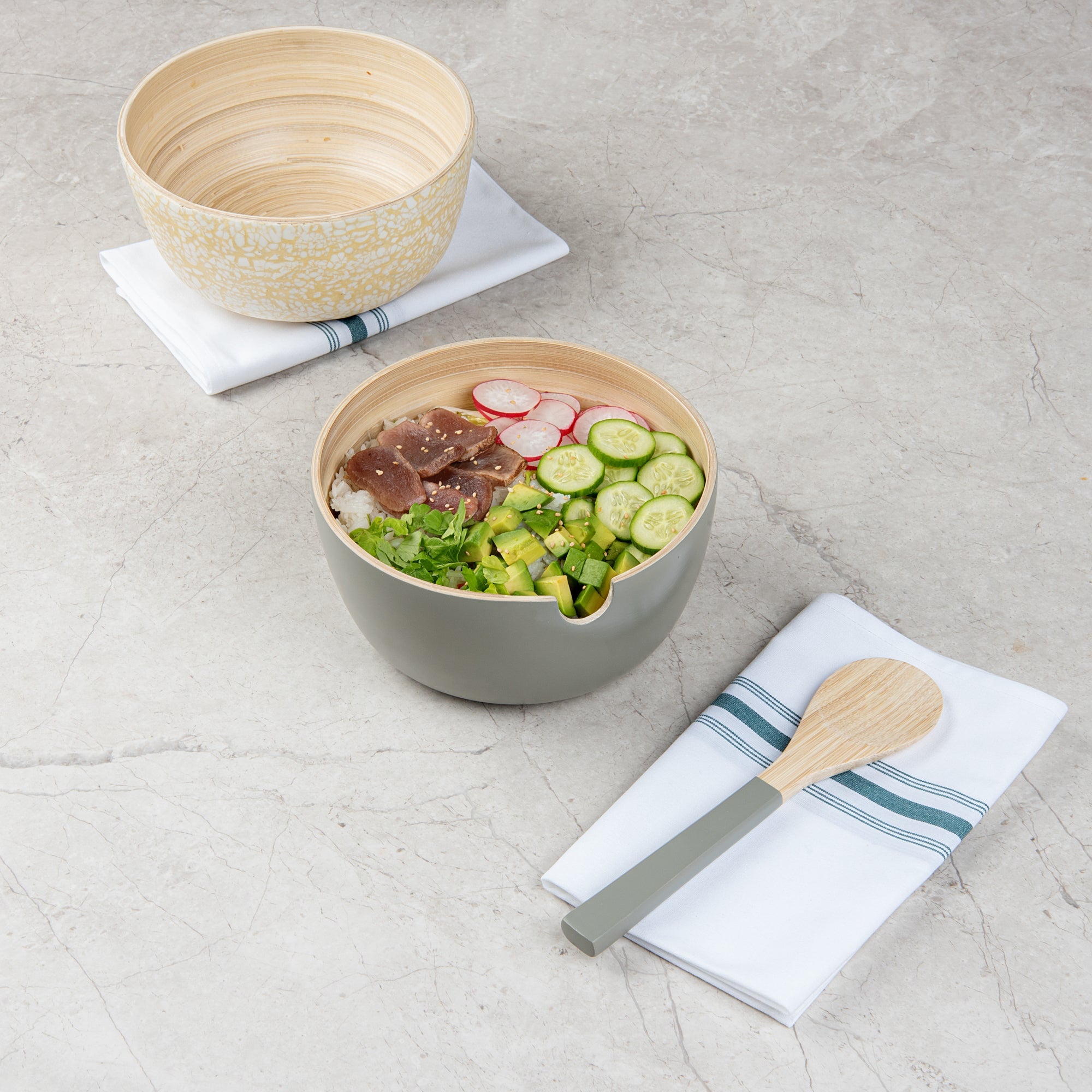 Bambuddha 25 oz Round Gray Spun Bamboo Serving Bowl - with Serving Spoon - 7 3/4" x 7 3/4" x 4" - 1 count box