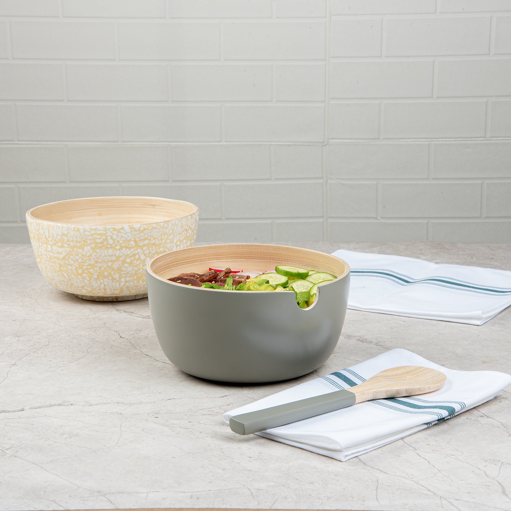 Bambuddha 25 oz Round Gray Spun Bamboo Serving Bowl - with Serving Spoon - 7 3/4" x 7 3/4" x 4" - 10 count box