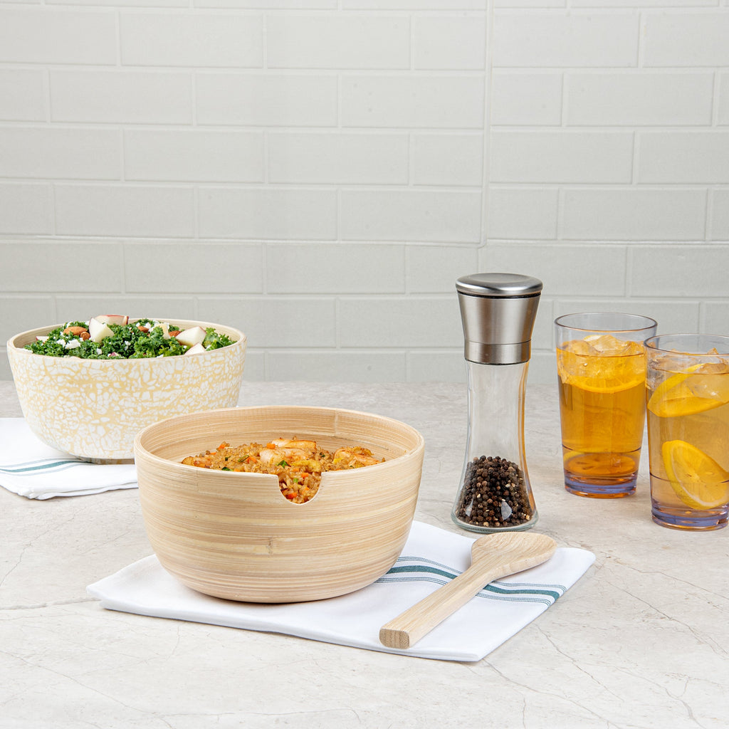 Bambuddha 25 oz Round Natural Spun Bamboo Serving Bowl - with Serving Spoon - 7 3/4" x 7 3/4" x 4" - 1 count box