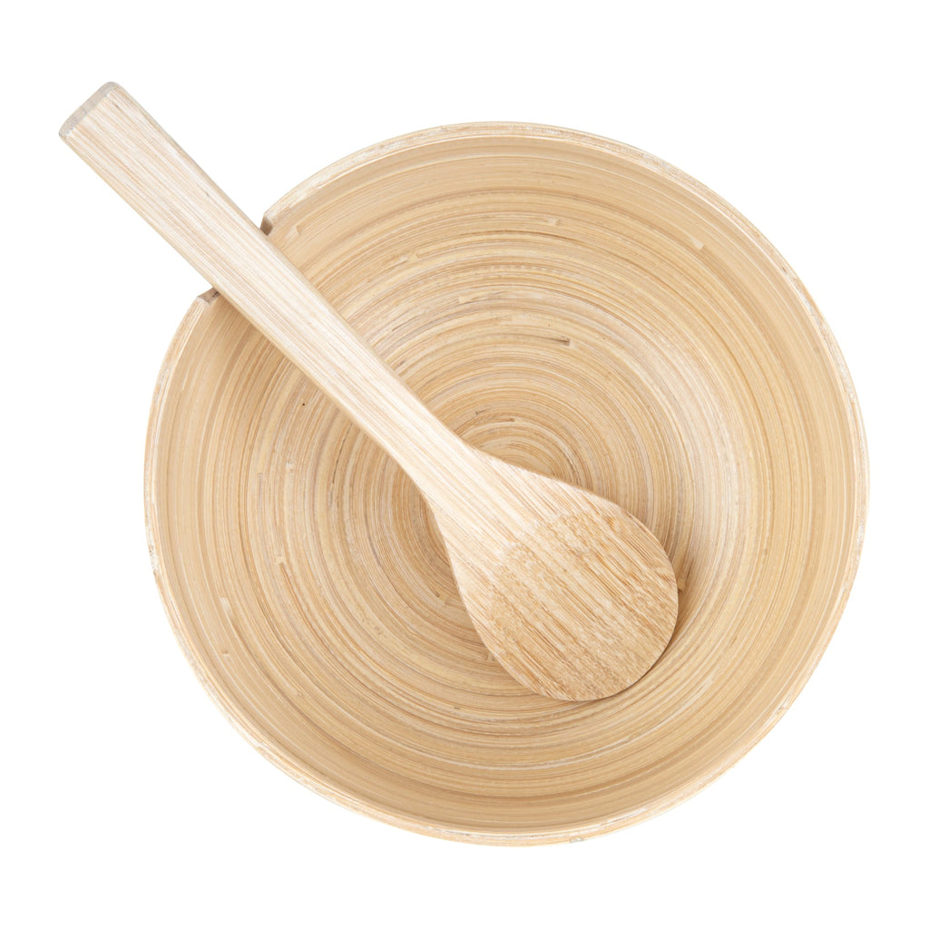 Bambuddha 25 oz Round Natural Spun Bamboo Serving Bowl - with Serving Spoon - 7 3/4" x 7 3/4" x 4" - 10 count box