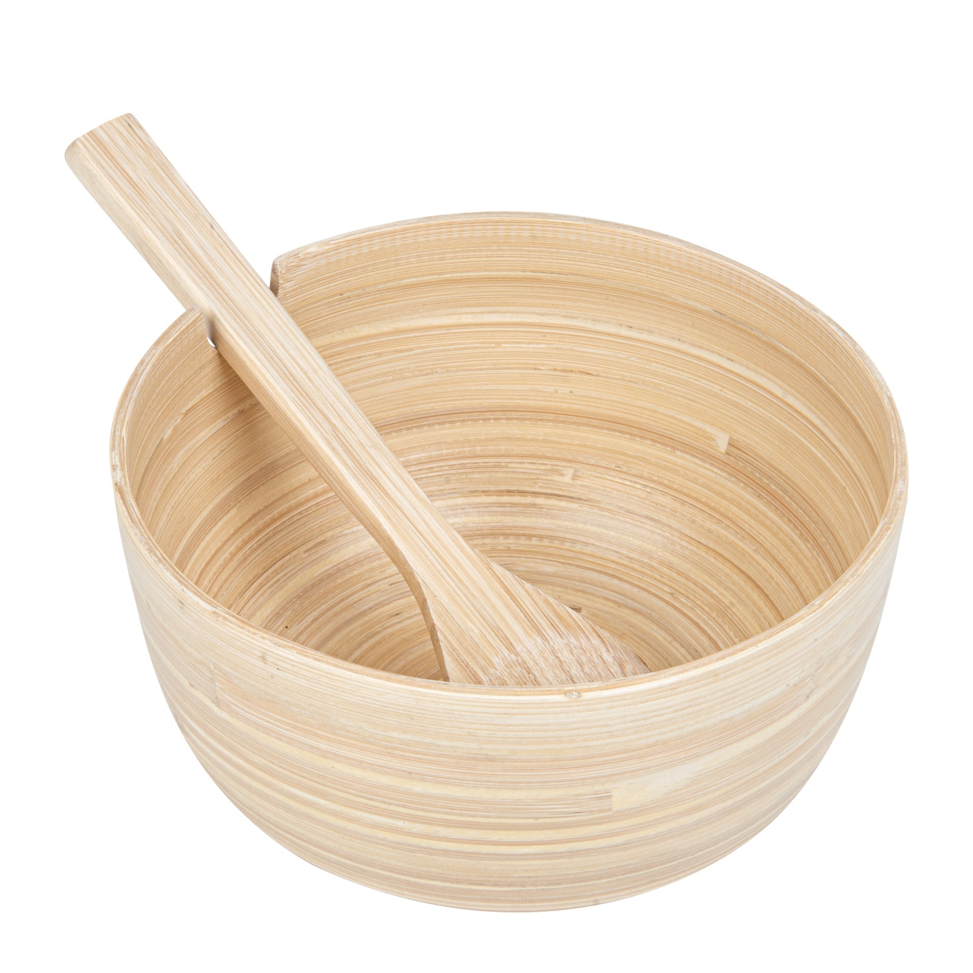 Bambuddha 25 oz Round Natural Spun Bamboo Serving Bowl - with Serving Spoon - 7 3/4" x 7 3/4" x 4" - 10 count box
