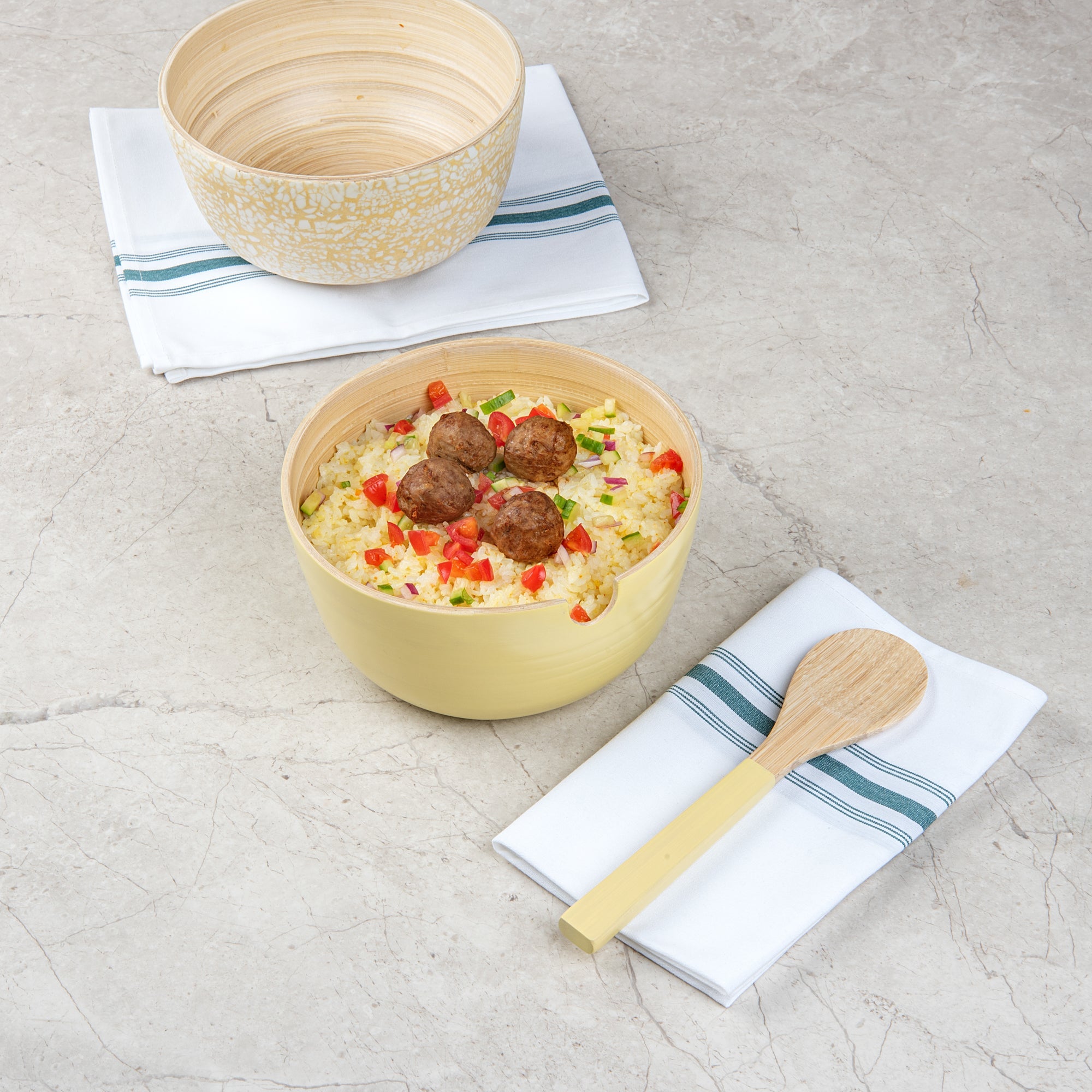Bambuddha 25 oz Round Cream Spun Bamboo Serving Bowl - with Serving Spoon - 7 3/4" x 7 3/4" x 4" - 1 count box