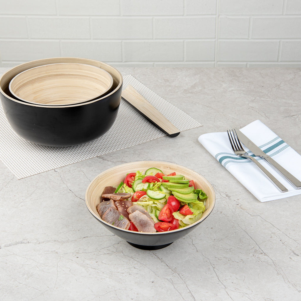 Bambuddha 29 oz Round Black Spun Bamboo Serving Bowl - 8 1/4" x 8 1/4" x 3 1/4" - 1 count box