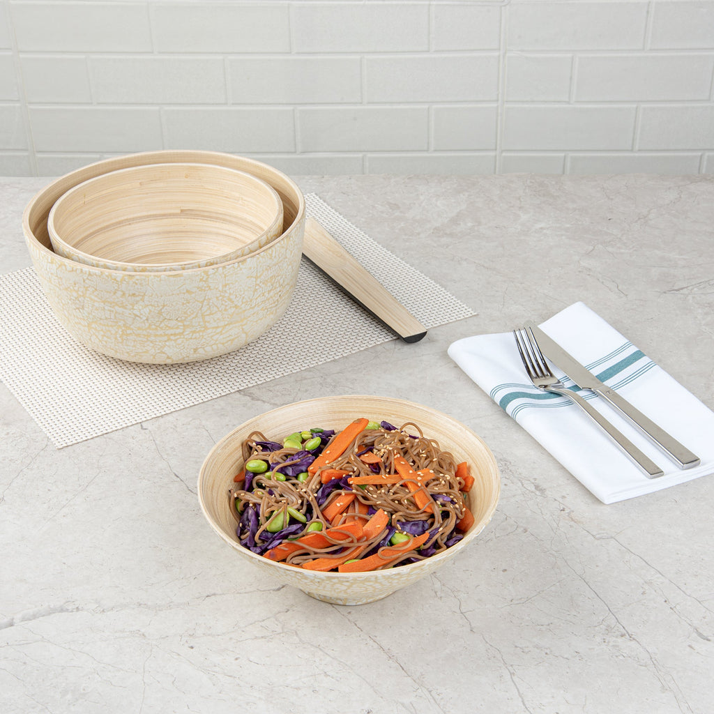 Bambuddha 29 oz Round Beige Spun Bamboo Eggshell Serving Bowl - 8 1/4" x 8 1/4" x 3 1/4" - 1 count box
