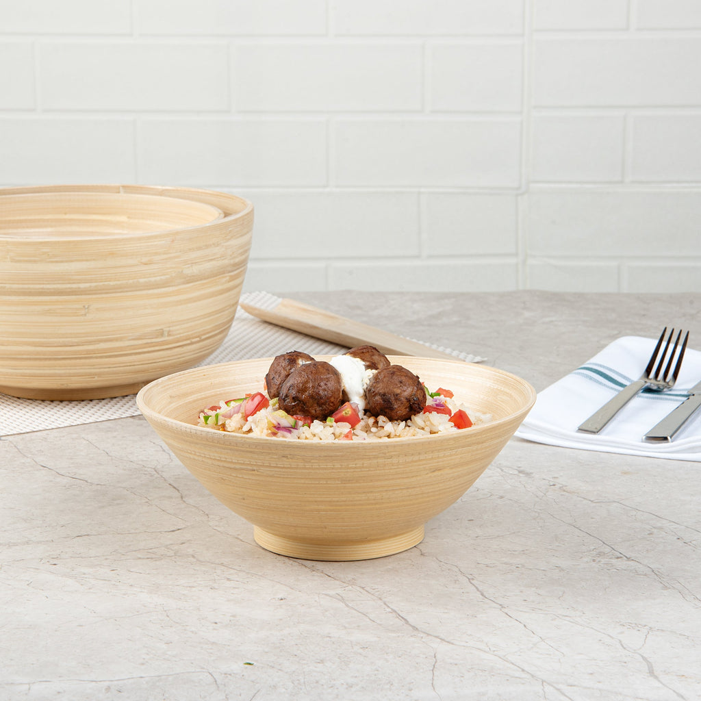 Bambuddha 29 oz Round Natural Spun Bamboo Serving Bowl - 8 1/4" x 8 1/4" x 3 1/4" - 1 count box
