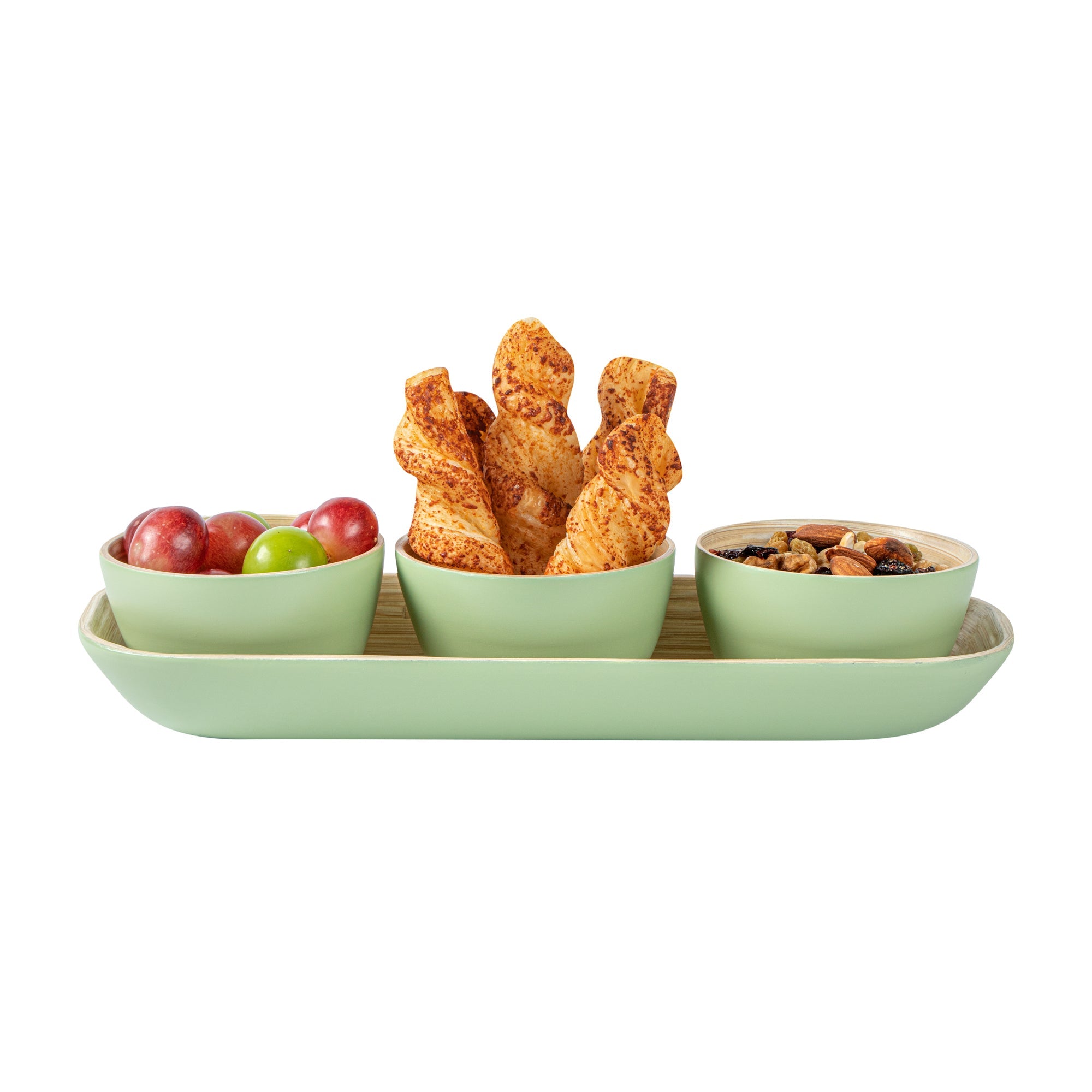 Bambuddha Green Bamboo Bowl Set - 3 Bowls, Bamboo Tray - 11 3/4" x 4 1/4" x 1 3/4" - 1 count box