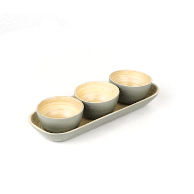 Bambuddha Gray Bamboo Bowl Set - 3 Bowls, Bamboo Tray - 11 3/4" x 4 1/4" x 1 3/4" - 1 count box