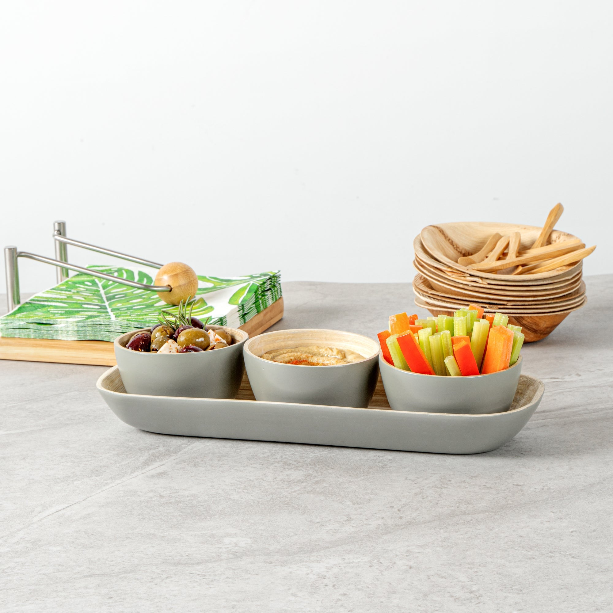 Bambuddha Gray Bamboo Bowl Set - 3 Bowls, Bamboo Tray - 11 3/4" x 4 1/4" x 1 3/4" - 1 count box