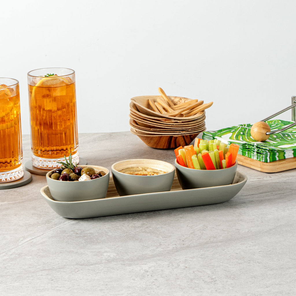 Bambuddha Gray Bamboo Bowl Set - 3 Bowls, Bamboo Tray - 11 3/4" x 4 1/4" x 1 3/4" - 1 count box