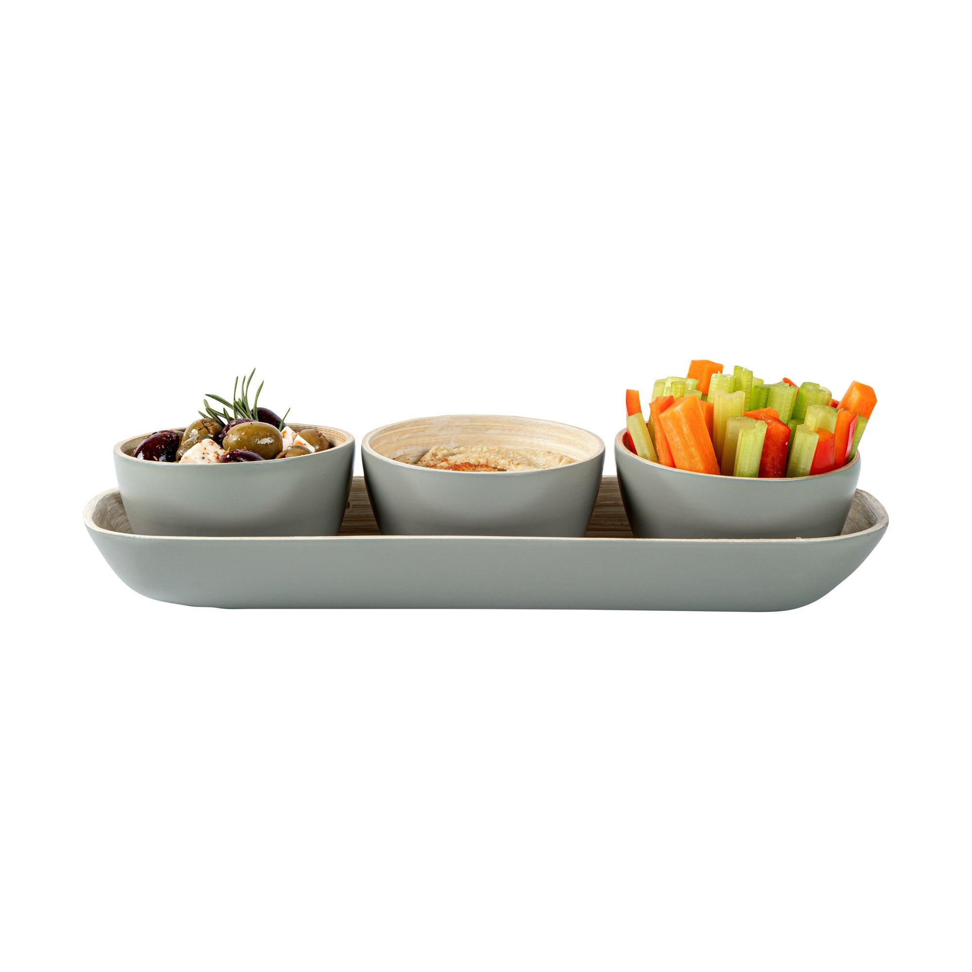 Bambuddha Gray Bamboo Bowl Set - 3 Bowls, Bamboo Tray - 11 3/4" x 4 1/4" x 1 3/4" - 10 count box