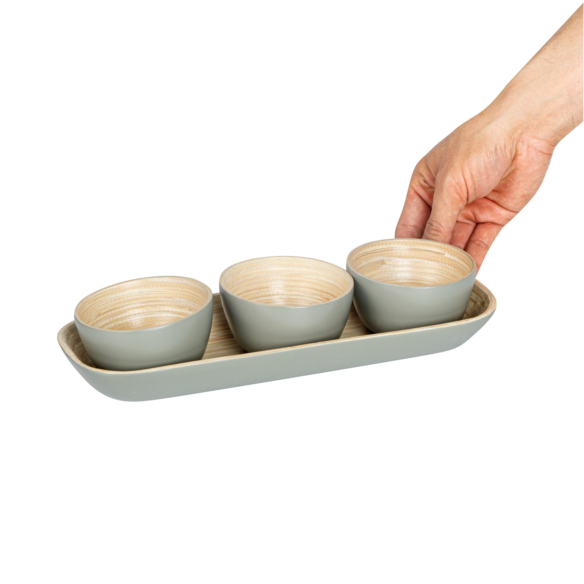 Bambuddha Gray Bamboo Bowl Set - 3 Bowls, Bamboo Tray - 11 3/4" x 4 1/4" x 1 3/4" - 10 count box