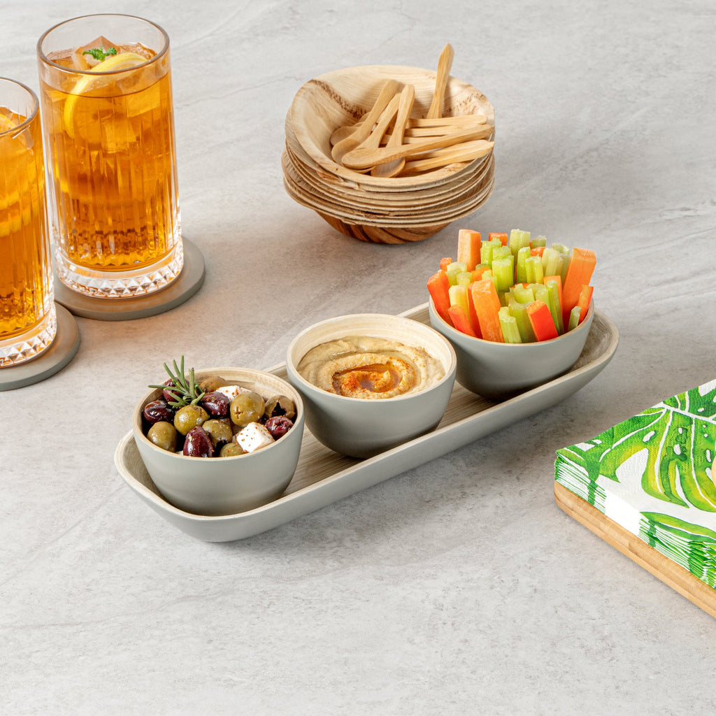 Bambuddha Gray Bamboo Bowl Set - 3 Bowls, Bamboo Tray - 11 3/4" x 4 1/4" x 1 3/4" - 10 count box