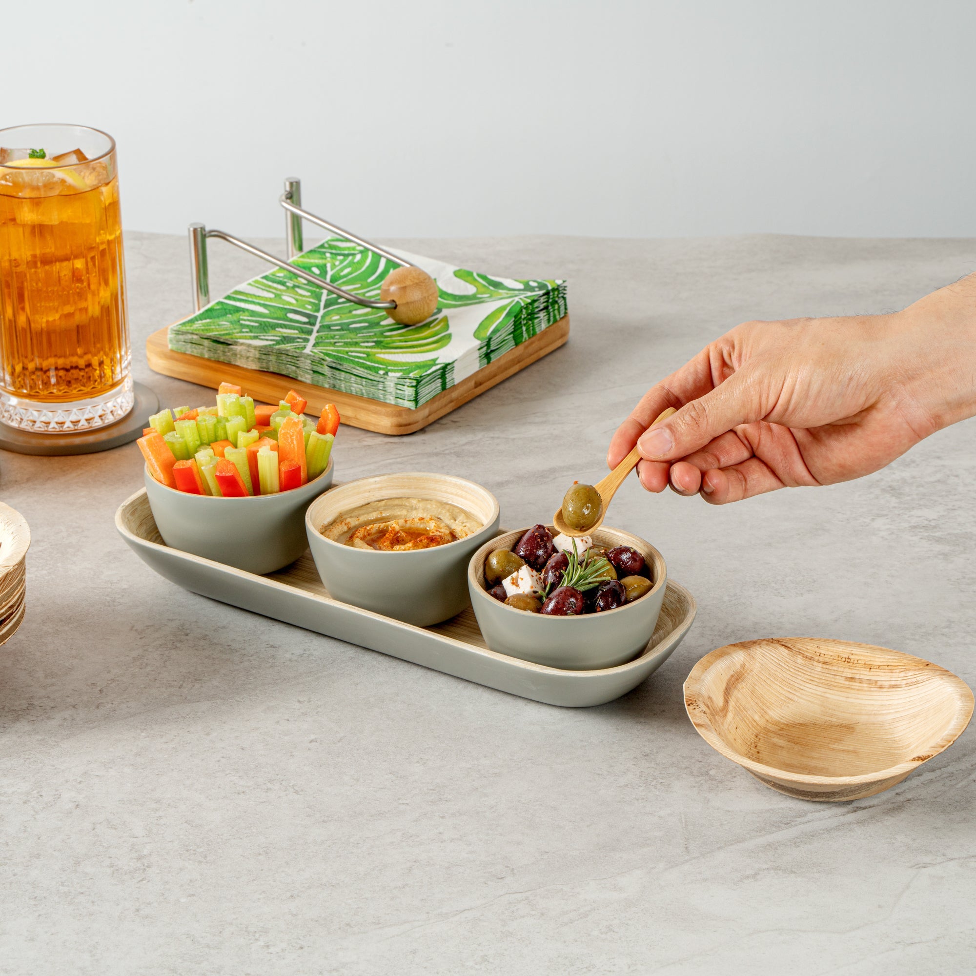 Bambuddha Gray Bamboo Bowl Set - 3 Bowls, Bamboo Tray - 11 3/4" x 4 1/4" x 1 3/4" - 10 count box