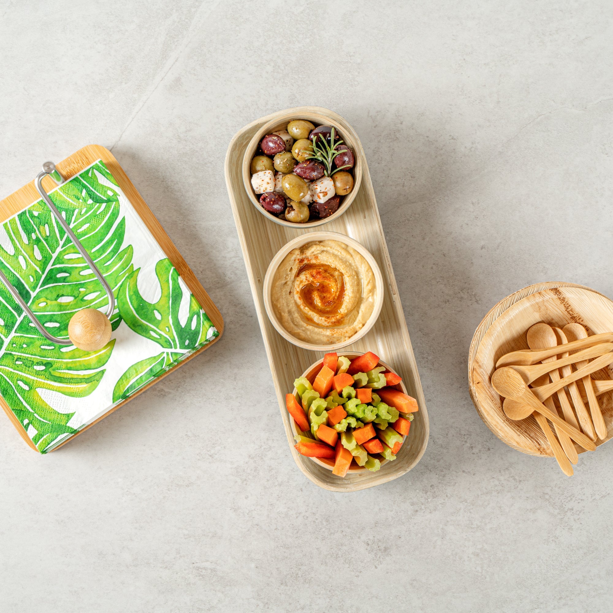 Bambuddha Gray Bamboo Bowl Set - 3 Bowls, Bamboo Tray - 11 3/4" x 4 1/4" x 1 3/4" - 10 count box