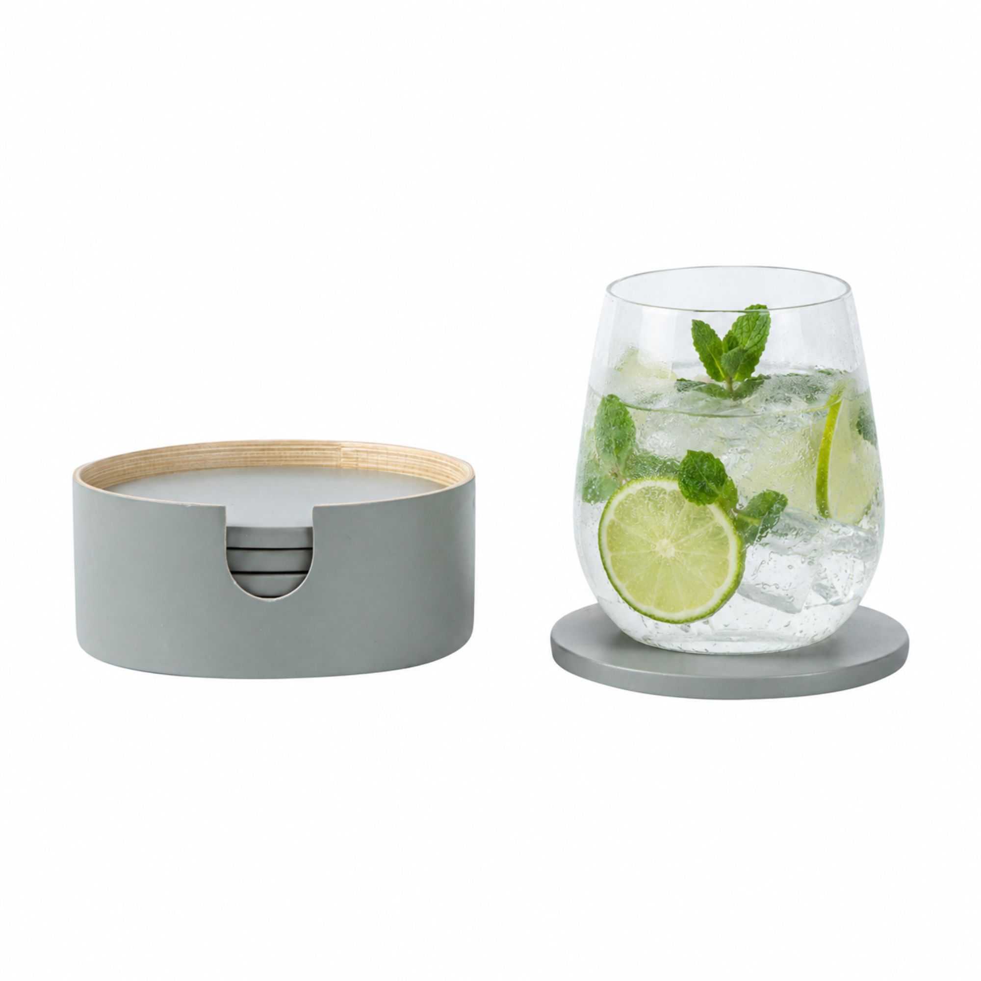 Bambuddha Gray Bamboo 6-Piece Coaster Set - with Bamboo Holder - 4" x 4" x 1/4" - 1 count box