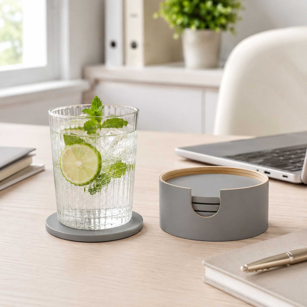 Bambuddha Gray Bamboo 6-Piece Coaster Set - with Bamboo Holder - 4" x 4" x 1/4" - 1 count box
