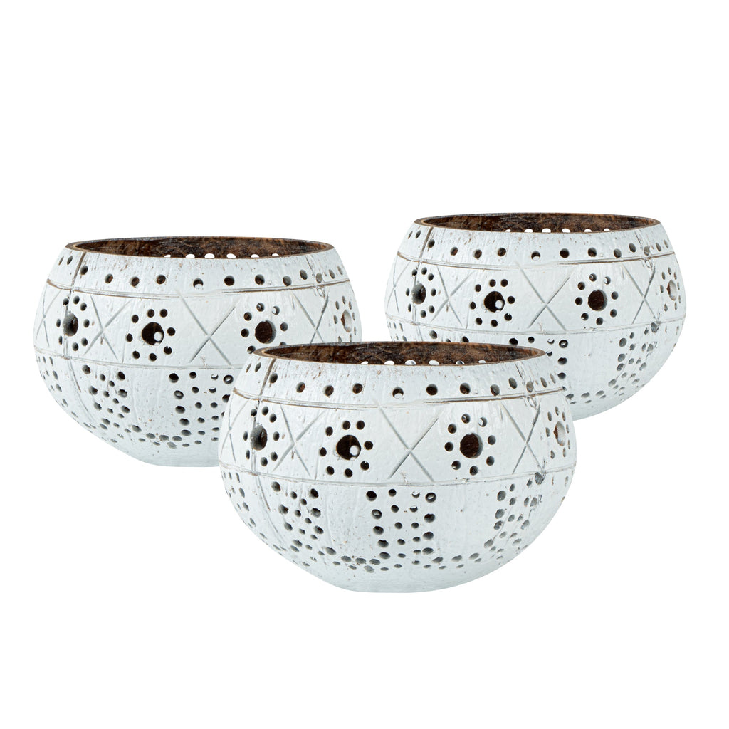 Coco Casa White Handmade Coconut Shell Candle Holder - Sun and Light Pattern - 4" x 4" x 3 1/4" - 1 count box
