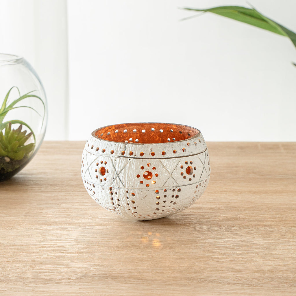 Coco Casa White Handmade Coconut Shell Candle Holder - Sun and Light Pattern - 4" x 4" x 3 1/4" - 1 count box