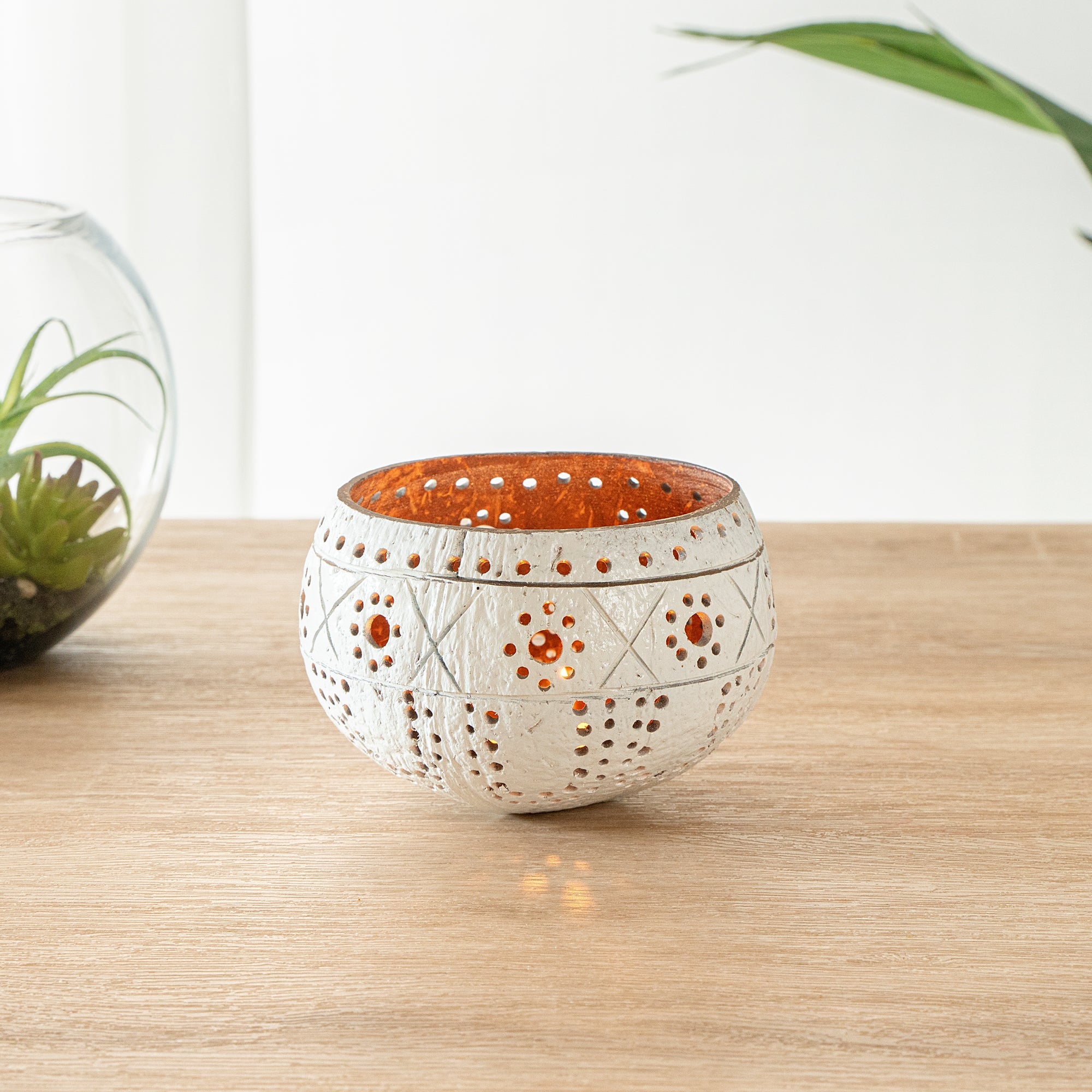 Coco Casa White Handmade Coconut Shell Candle Holder - Sun and Light Pattern - 4" x 4" x 3 1/4" - 1 count box