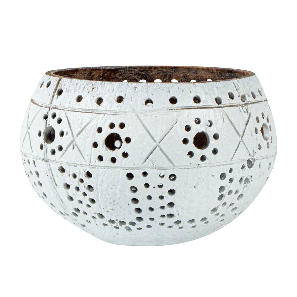 Coco Casa White Handmade Coconut Shell Candle Holder - Sun and Light Pattern - 4" x 4" x 3 1/4" - 1 count box