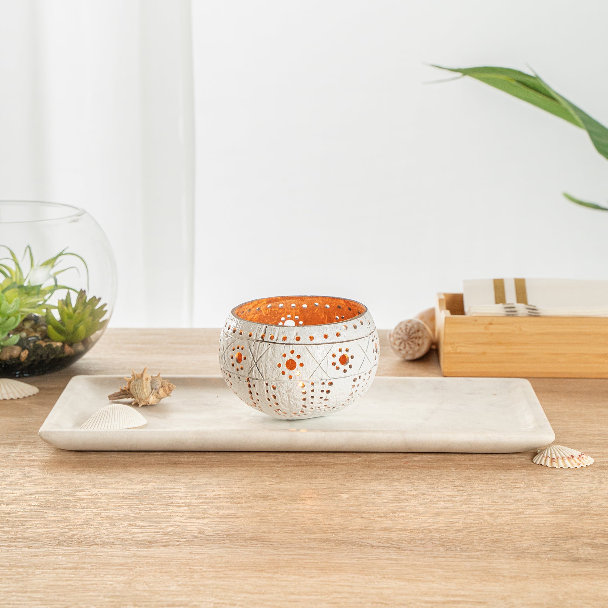 Coco Casa White Handmade Coconut Shell Candle Holder - Sun and Light Pattern - 4" x 4" x 3 1/4" - 1 count box