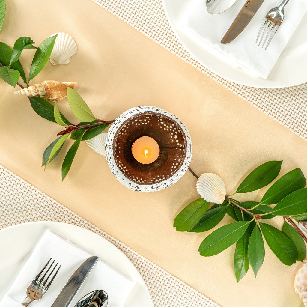 Coco Casa White Handmade Coconut Shell Candle Holder - Sun and Light Pattern - 4" x 4" x 3 1/4" - 1 count box