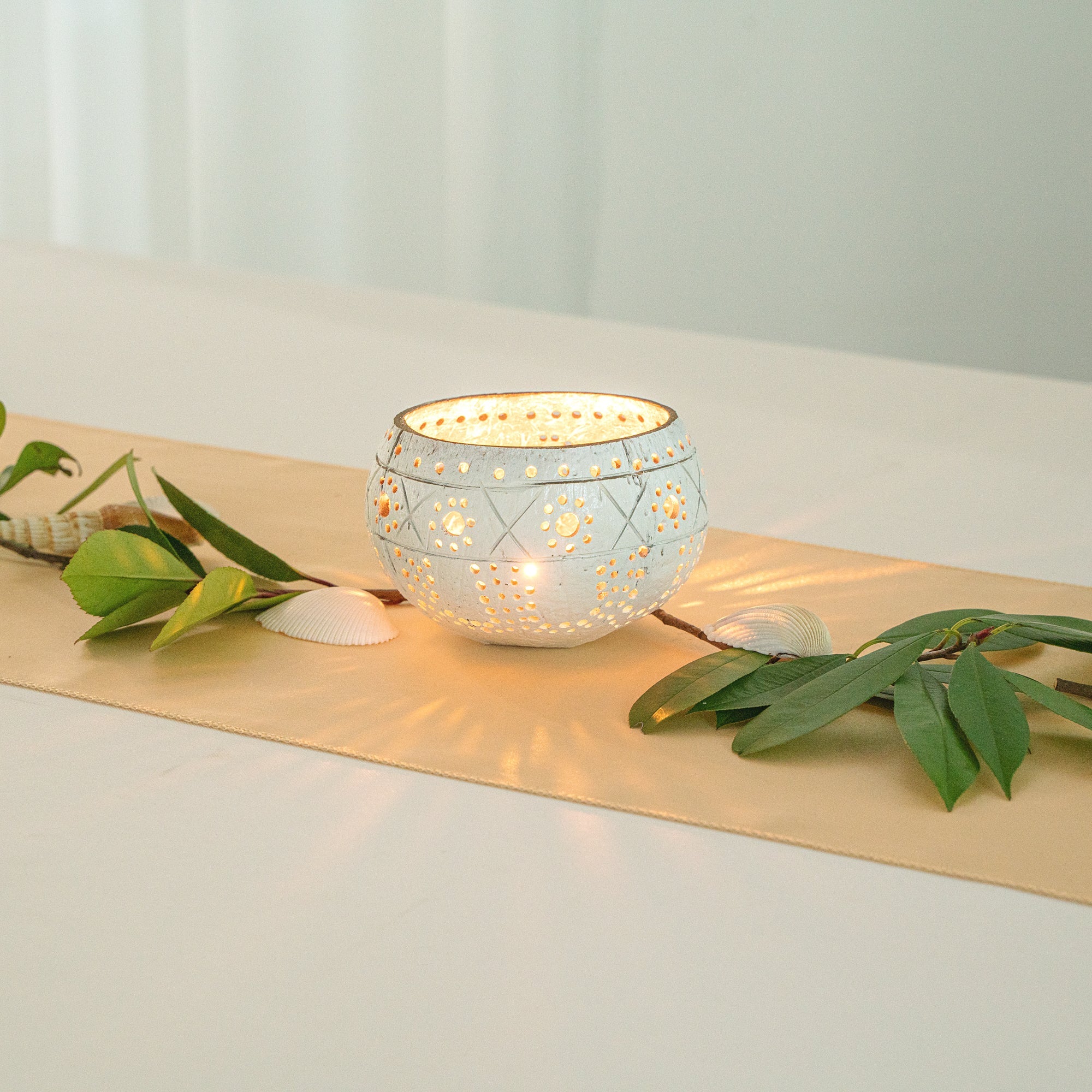 Coco Casa White Handmade Coconut Shell Candle Holder - Sun and Light Pattern - 4" x 4" x 3 1/4" - 1 count box